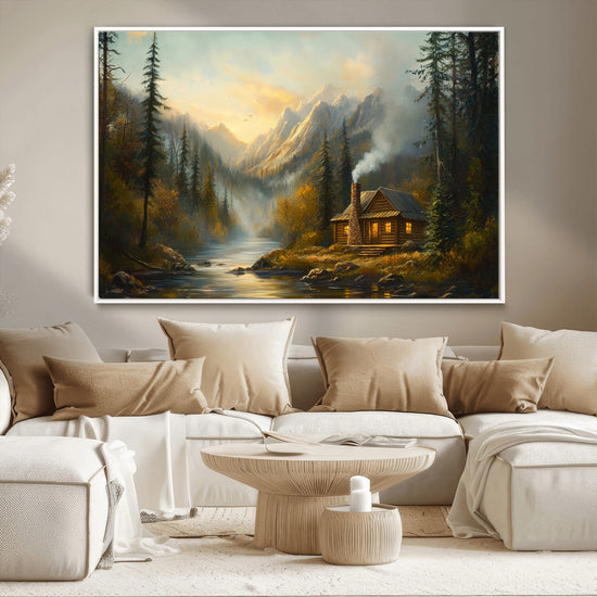 Wood Cabin Retreat Mountain at Sunset Wall Art Print -