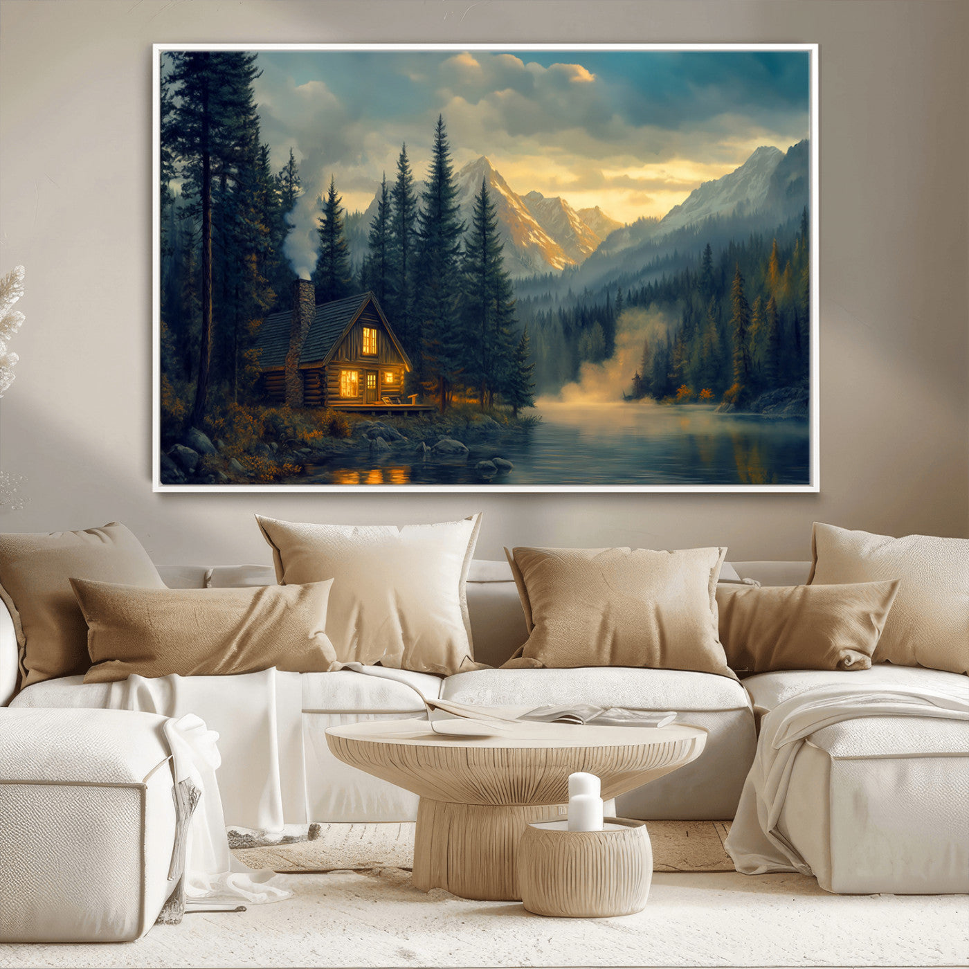 Mountain Cabin by the Lake at Sunset Wall Art - Serene