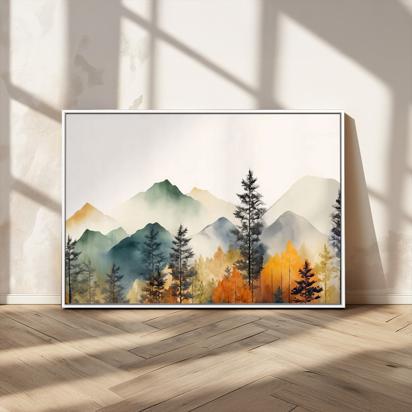Abstract Watercolor Mountains and Trees Autumn Wall Art,