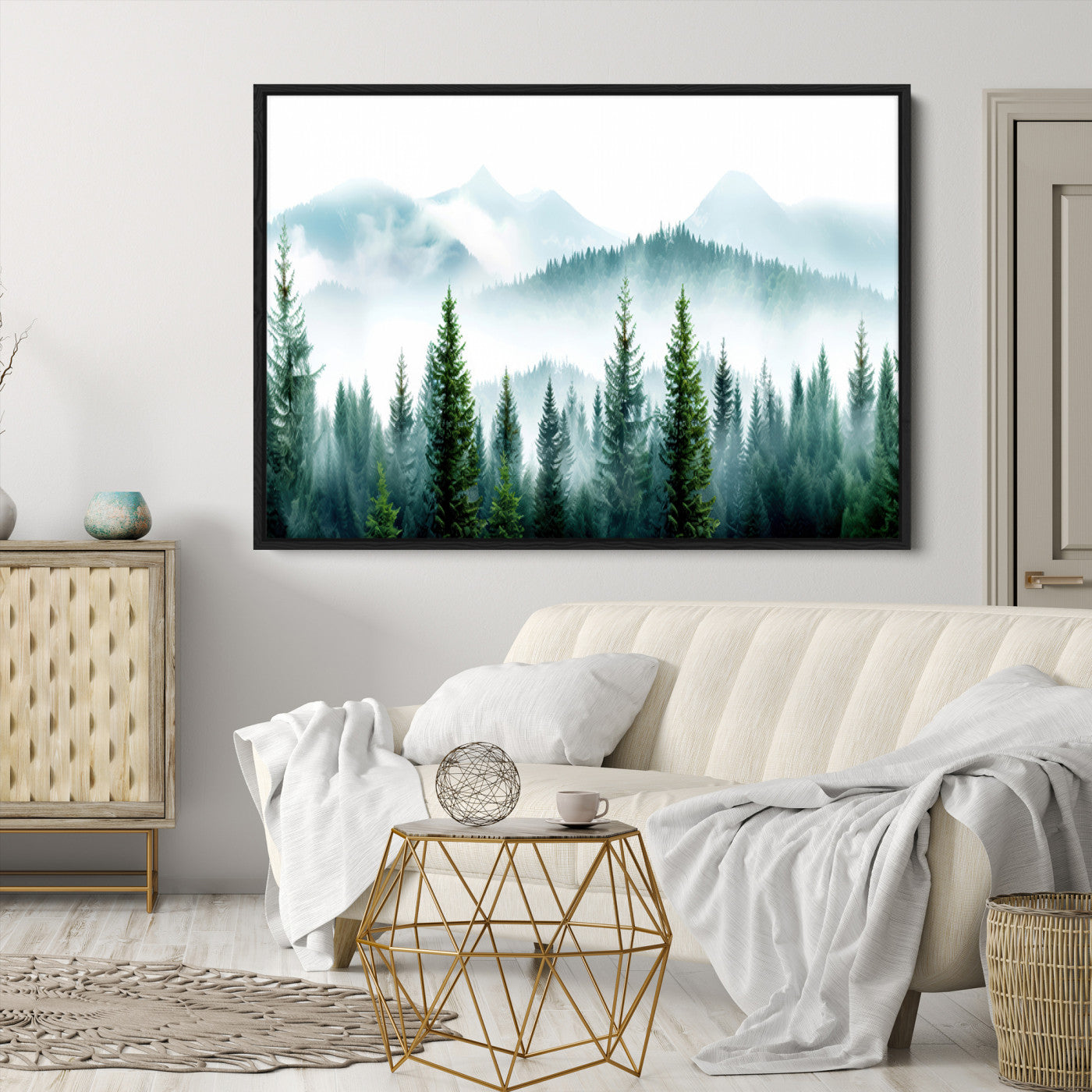 Pine Forest Wall Art Canvas Print – Misty Mountains Foggy