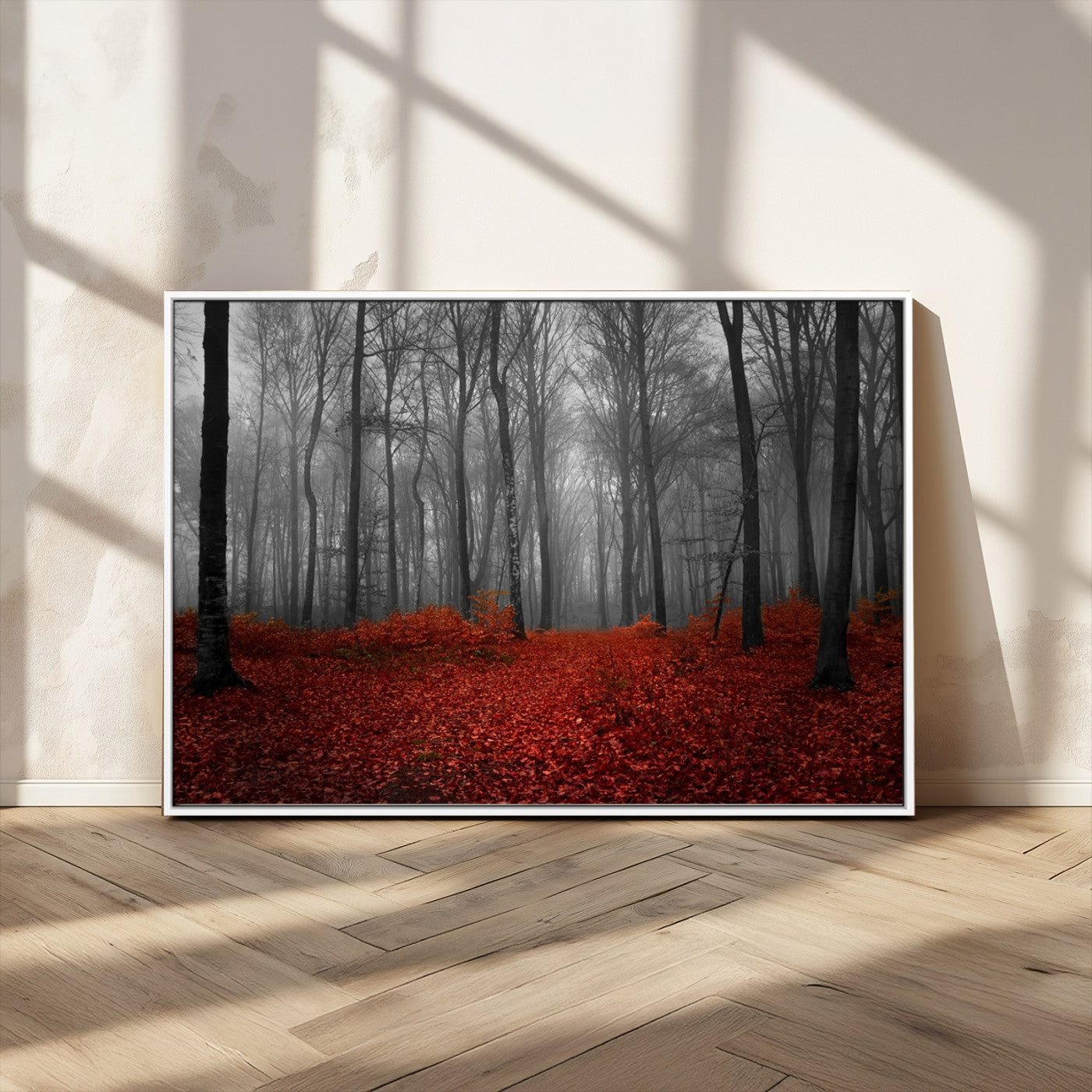Red Forest Floor Canvas Wall Art – Mystical Foggy Woodland