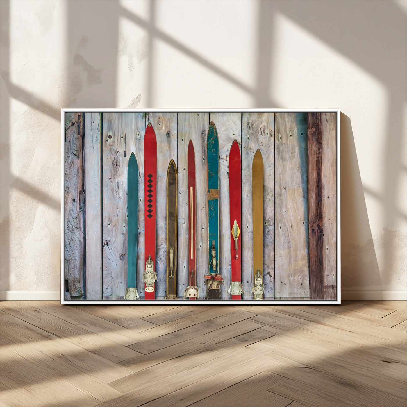 Vintage Wooden Weathered Ski's in Front of an Old Barn Wall