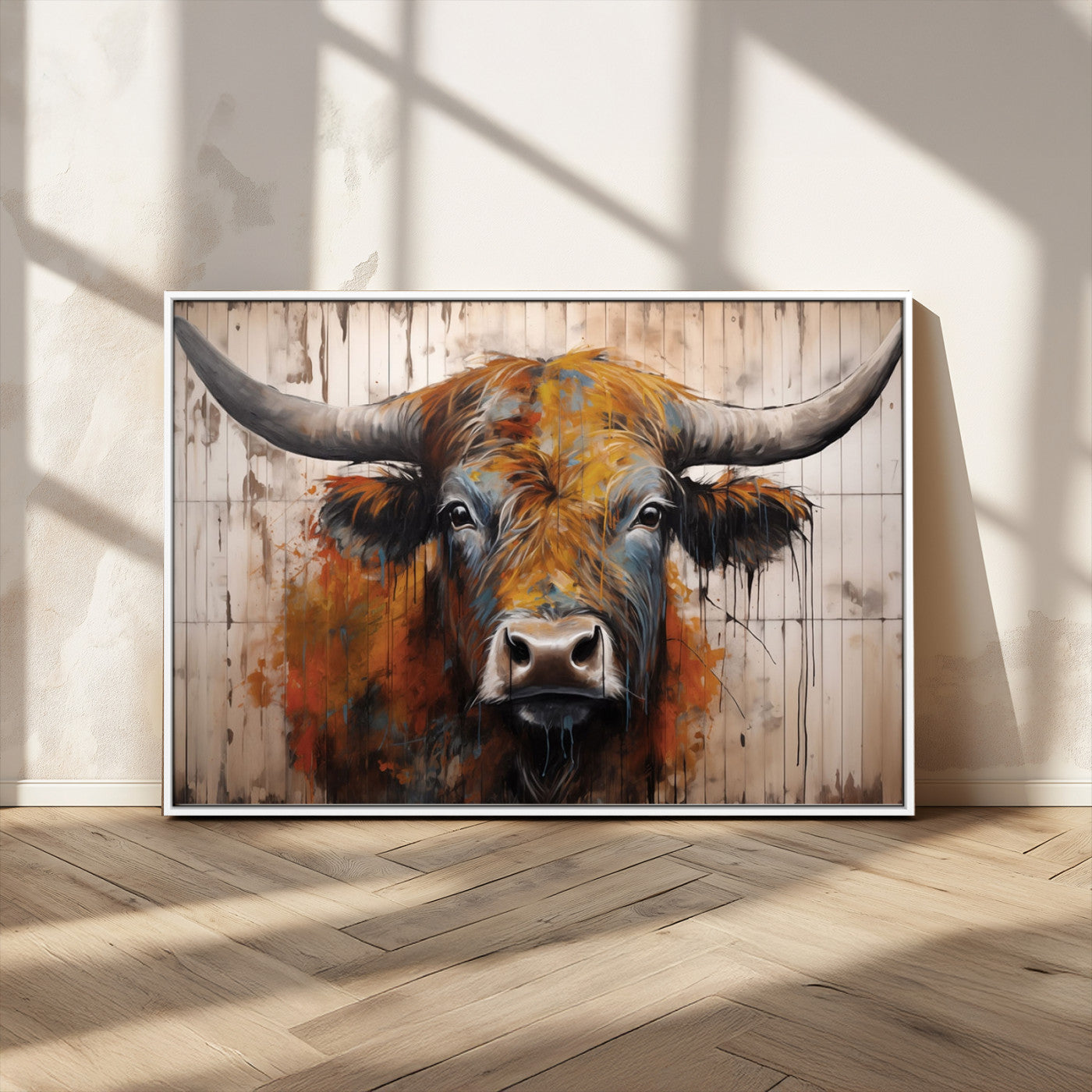 Scottish Highland Cow Cattle Art Print on Wood Style