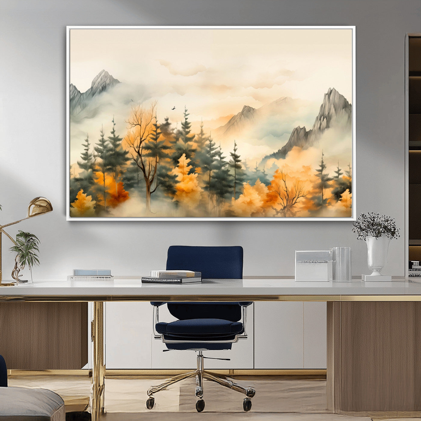 Abstract Watercolor Mountains and Trees Autumn Art,