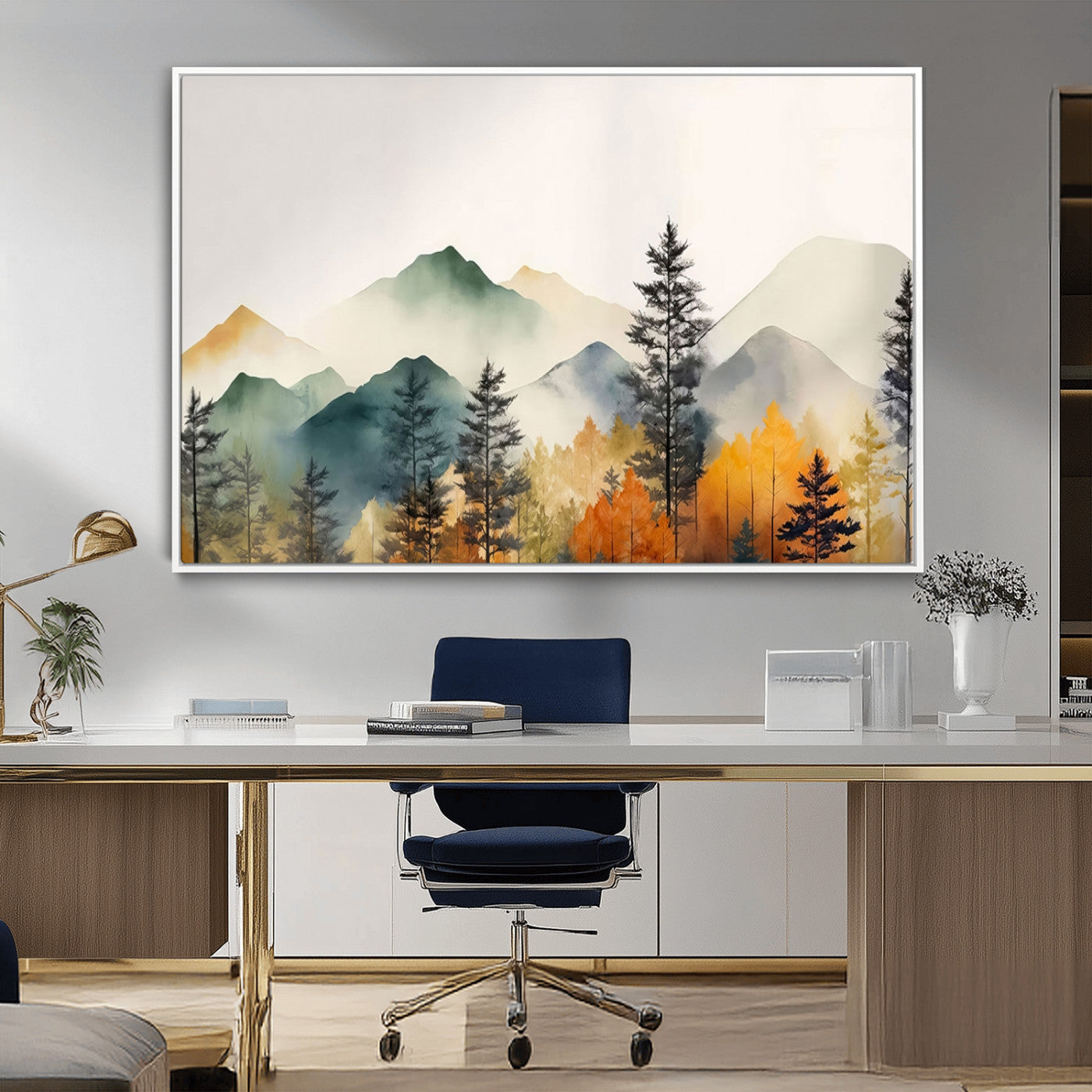Abstract Watercolor Mountains and Trees Autumn Wall Art,