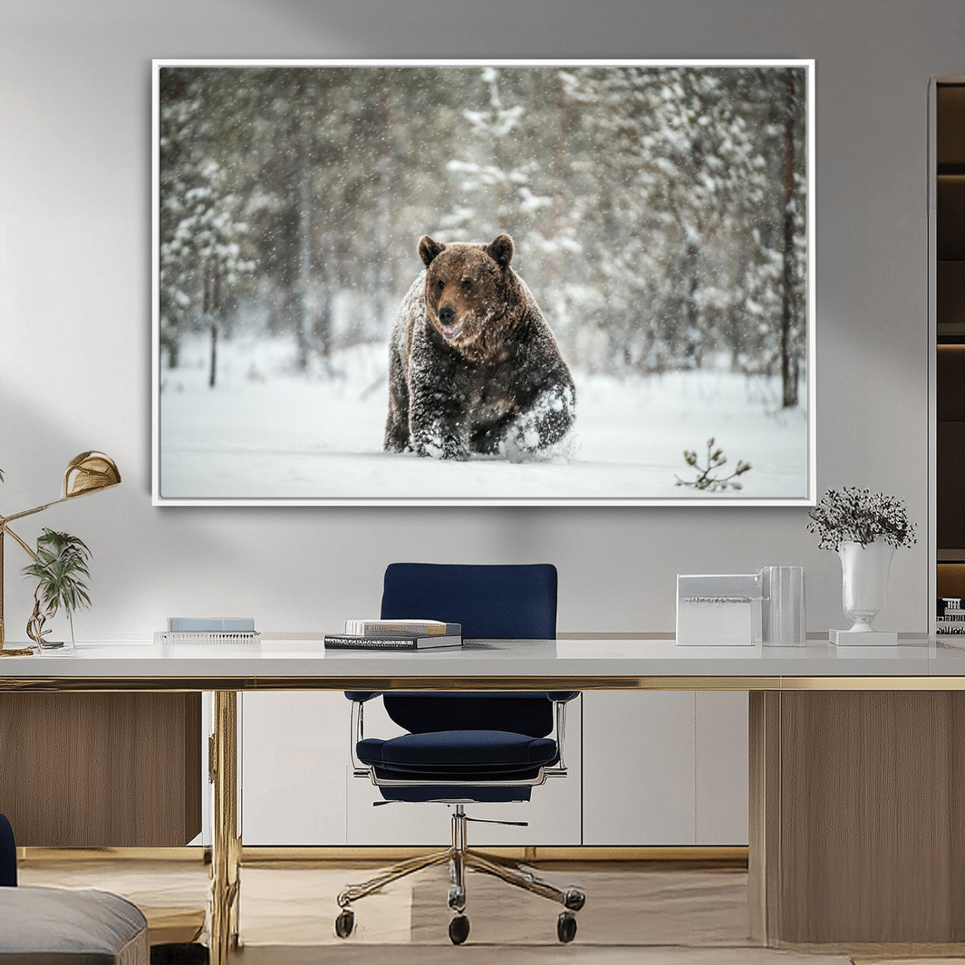 Grizzly Bear Wall Art – Framed Snowy Forest Canvas Artwork,