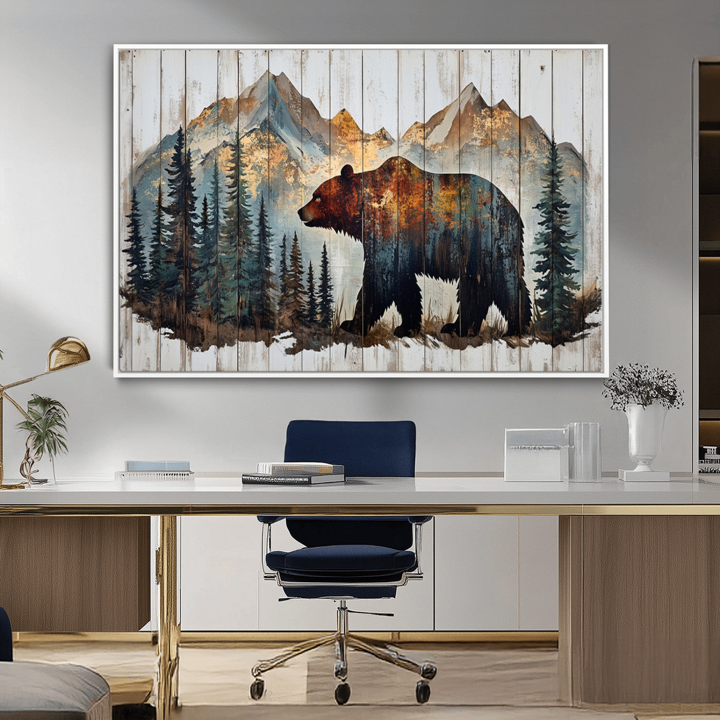 Rustic Grizzly 399 Bear and Mountain Wood Canvas Wall Art -
