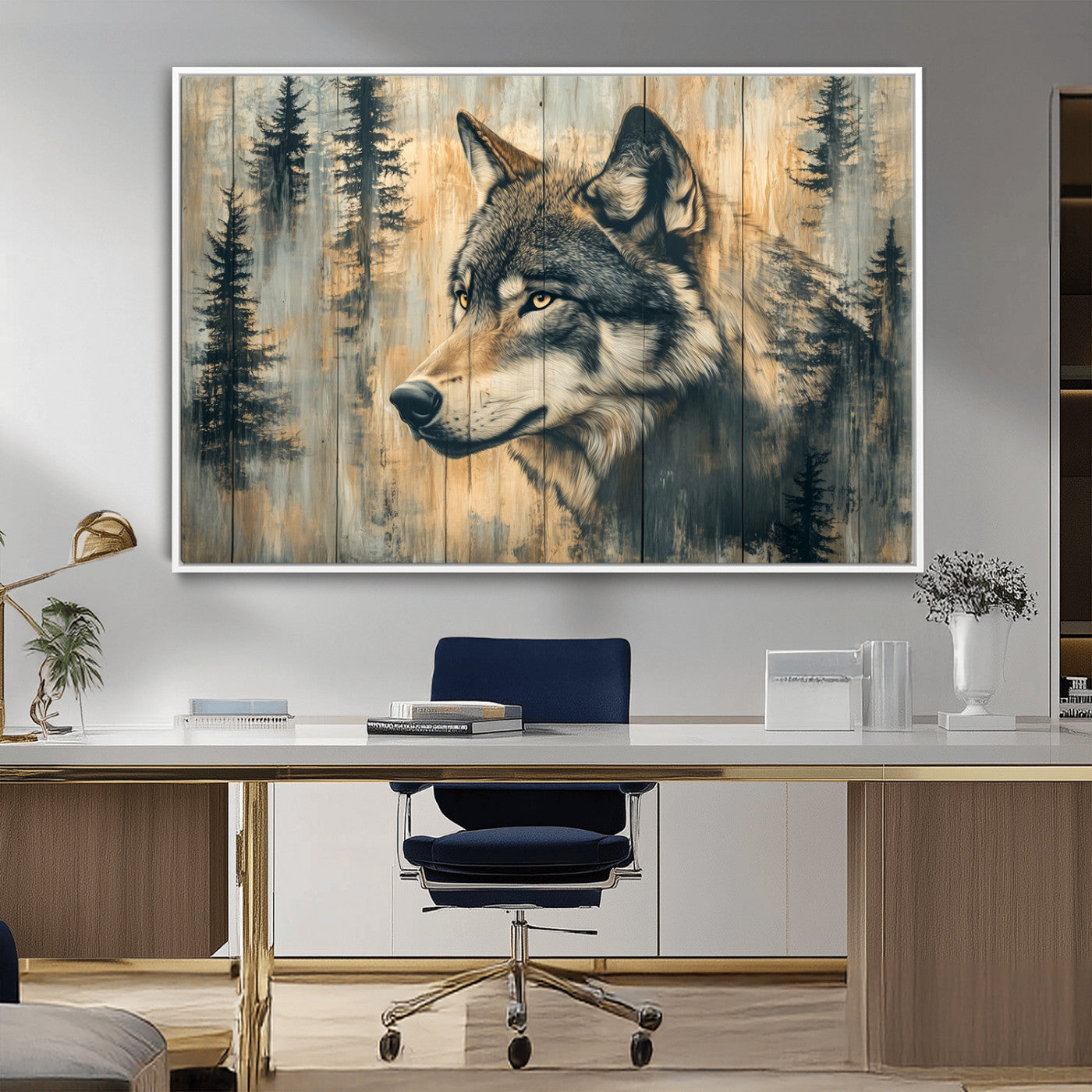 Wood Style Rustic Wolf Wall Art Canvas Print, Vintage