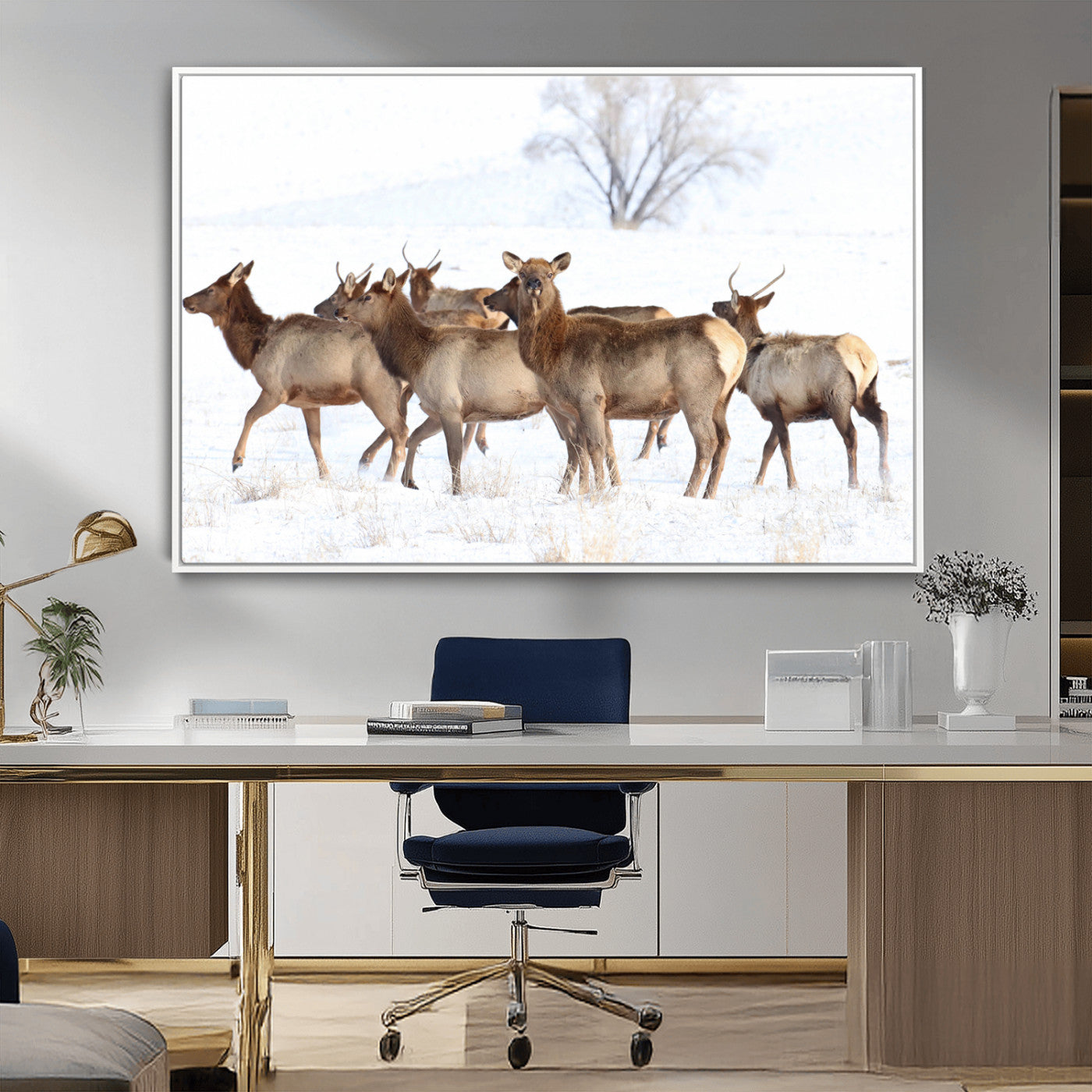 Snowy Elk Herd Wall Art Canvas Print – Majestic Winter