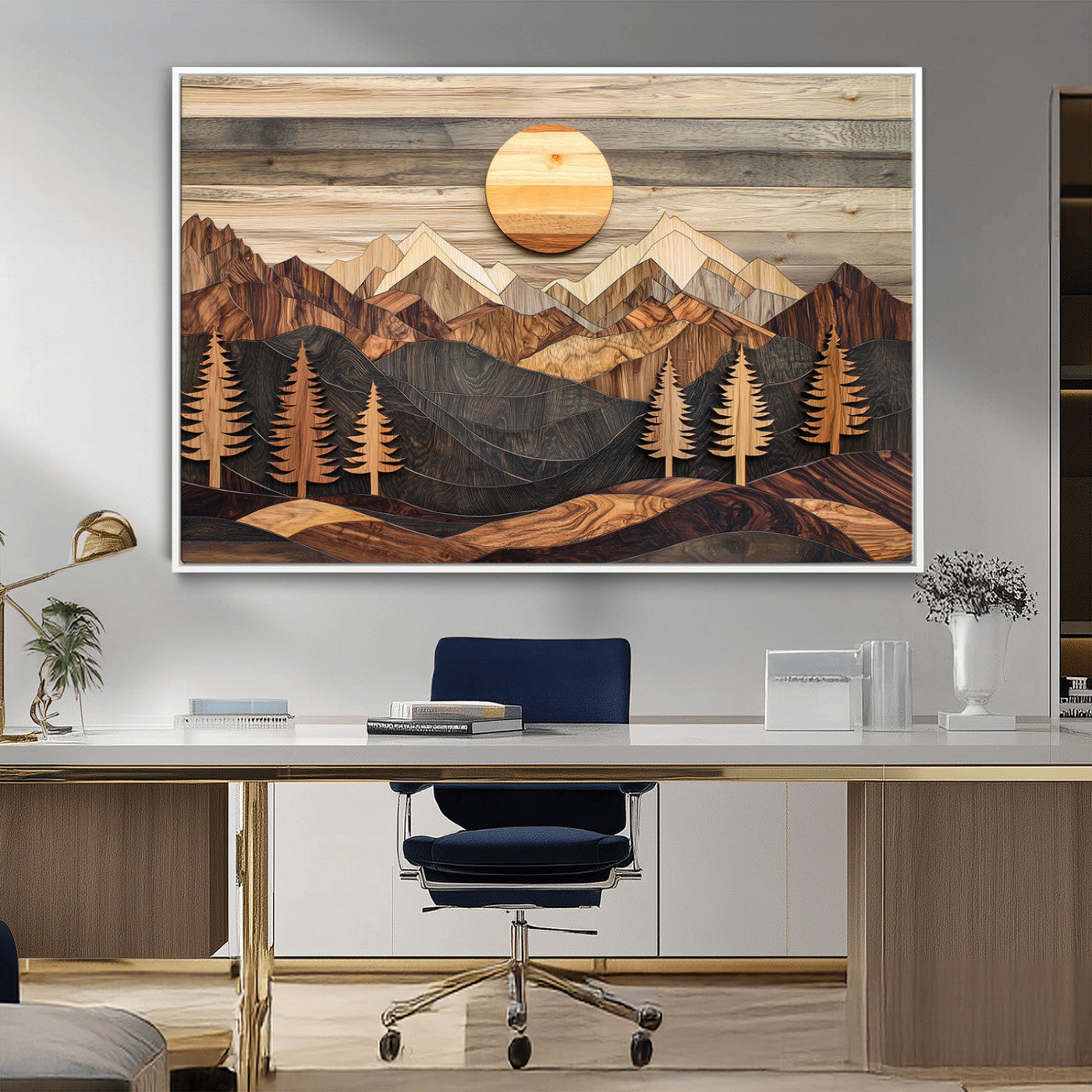 Wooden Mountain Layers Art – Rustic Pine Tree Landscape
