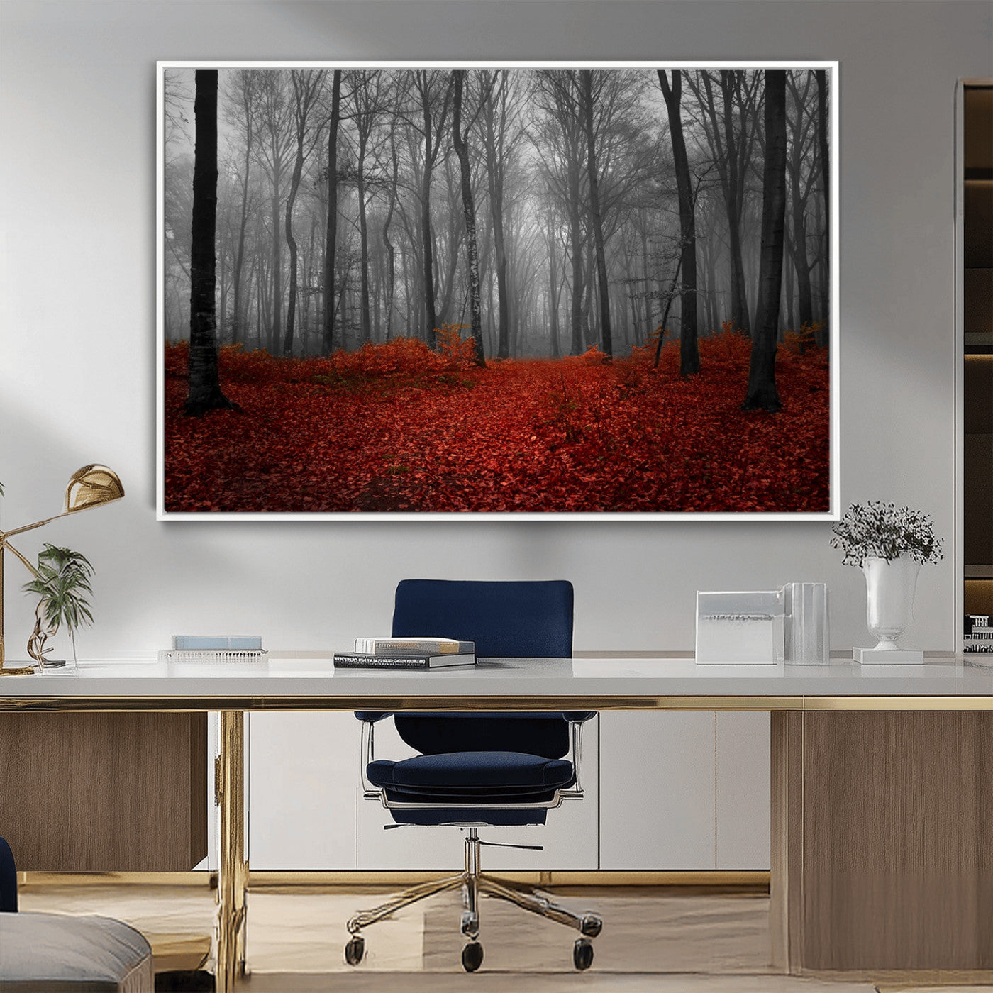 Red Forest Floor Canvas Wall Art – Mystical Foggy Woodland