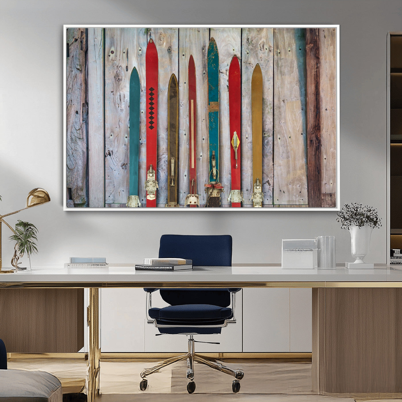 Vintage Wooden Weathered Ski's in Front of an Old Barn Wall