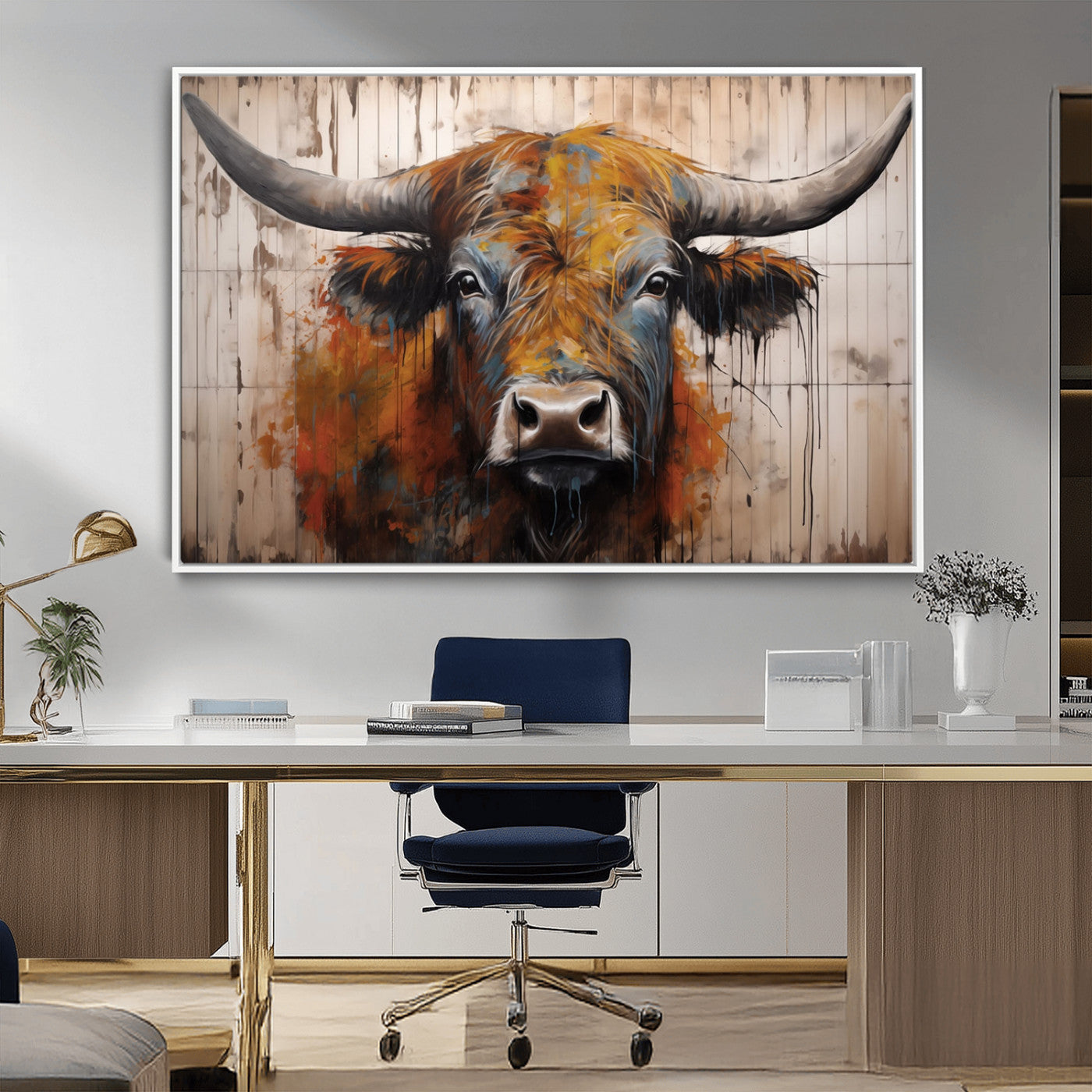Scottish Highland Cow Cattle Art Print on Wood Style