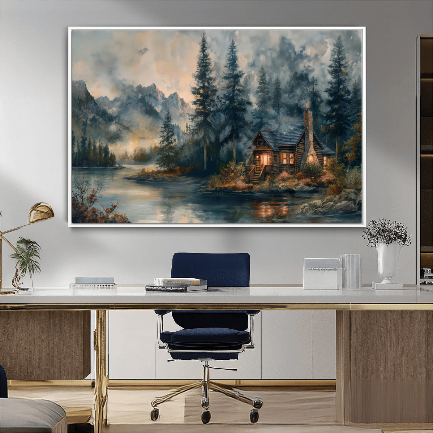 Rustic Cabin Woods Wall Art Print | Lake in a Forest Canvas