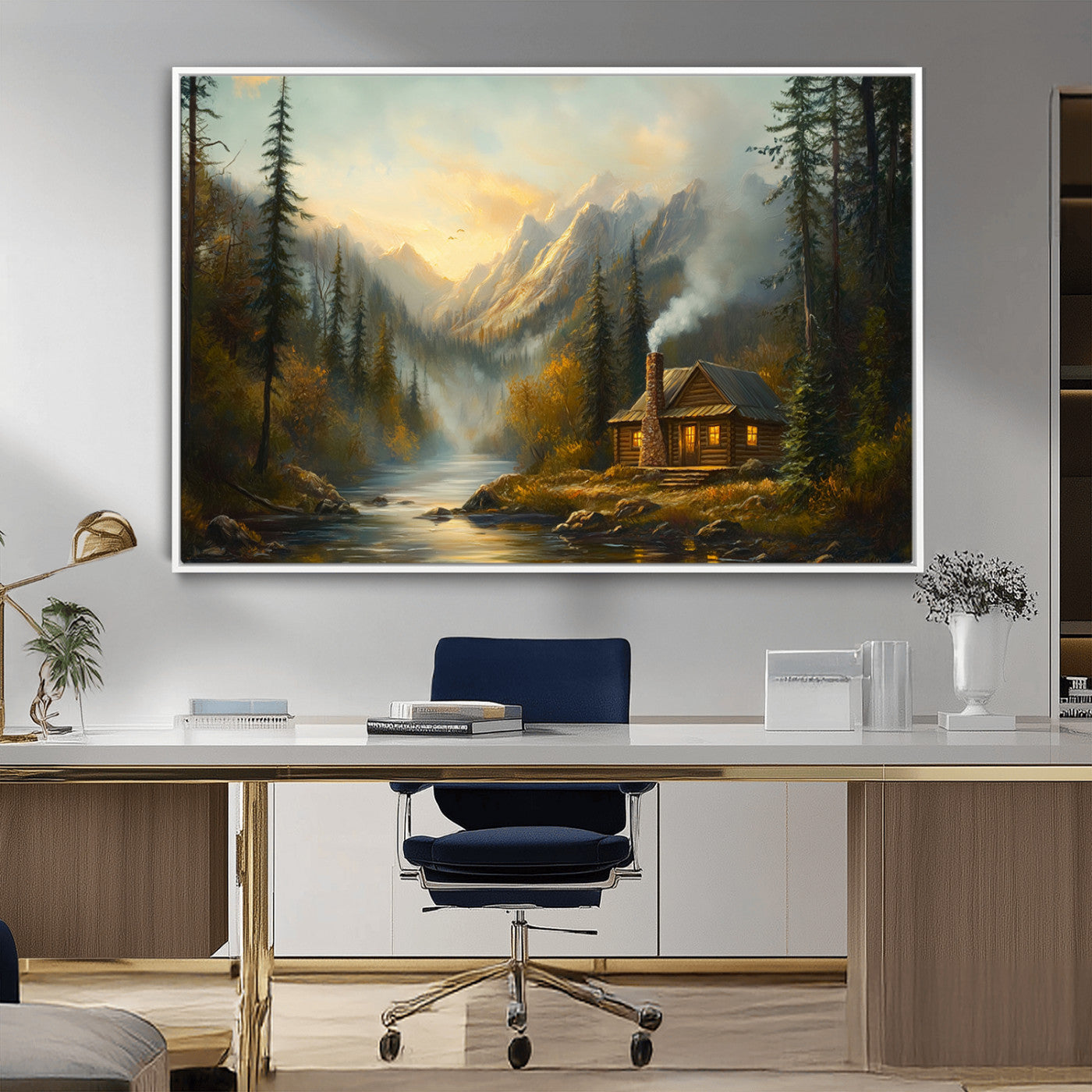Wood Cabin Retreat Mountain at Sunset Wall Art Print -