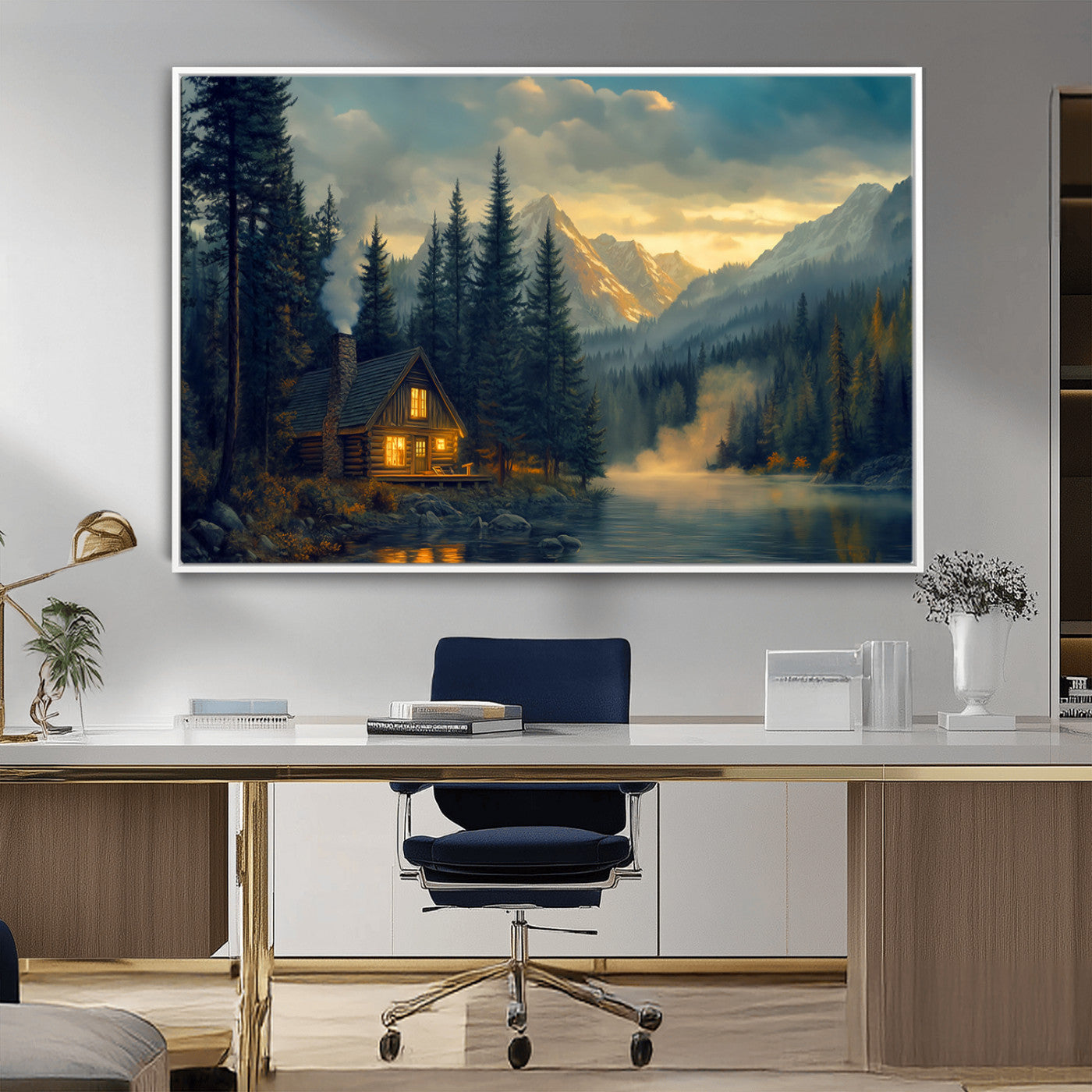 Mountain Cabin by the Lake at Sunset Wall Art - Serene
