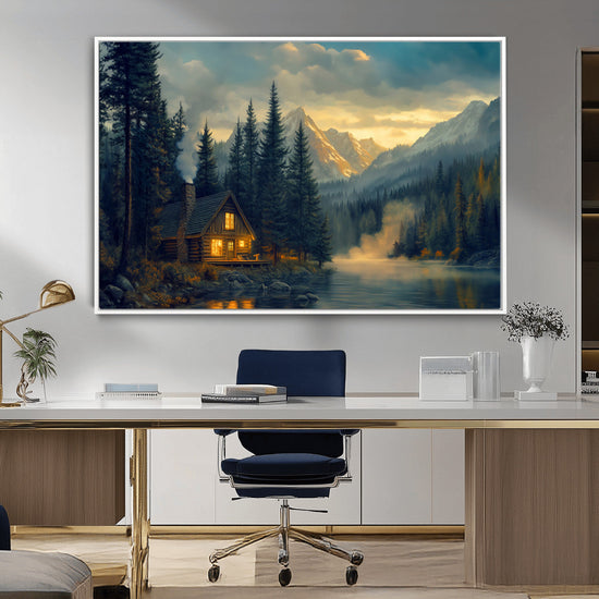 Mountain Cabin by the Lake at Sunset Wall Art - Serene