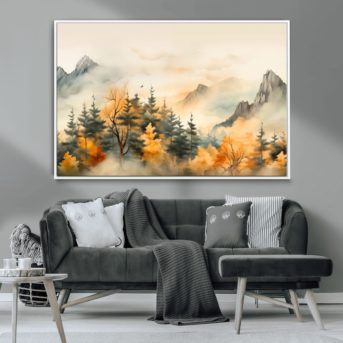 Abstract Watercolor Mountains and Trees Autumn Art,
