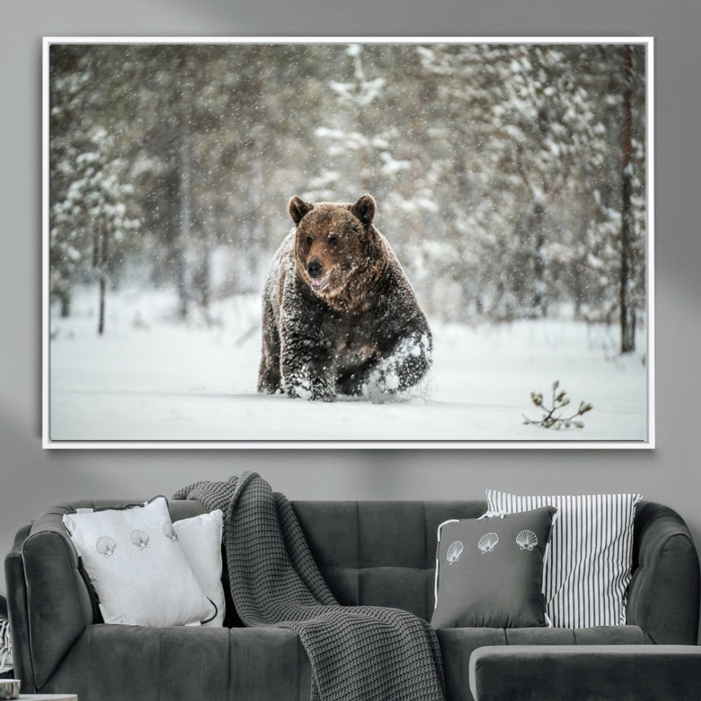 Grizzly Bear Wall Art – Framed Snowy Forest Canvas Artwork,