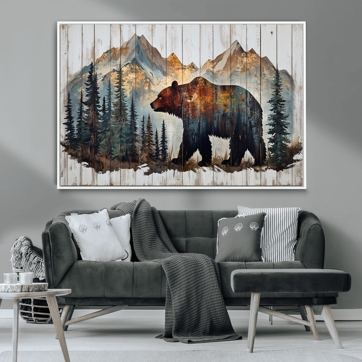 Rustic Grizzly 399 Bear and Mountain Wood Canvas Wall Art -