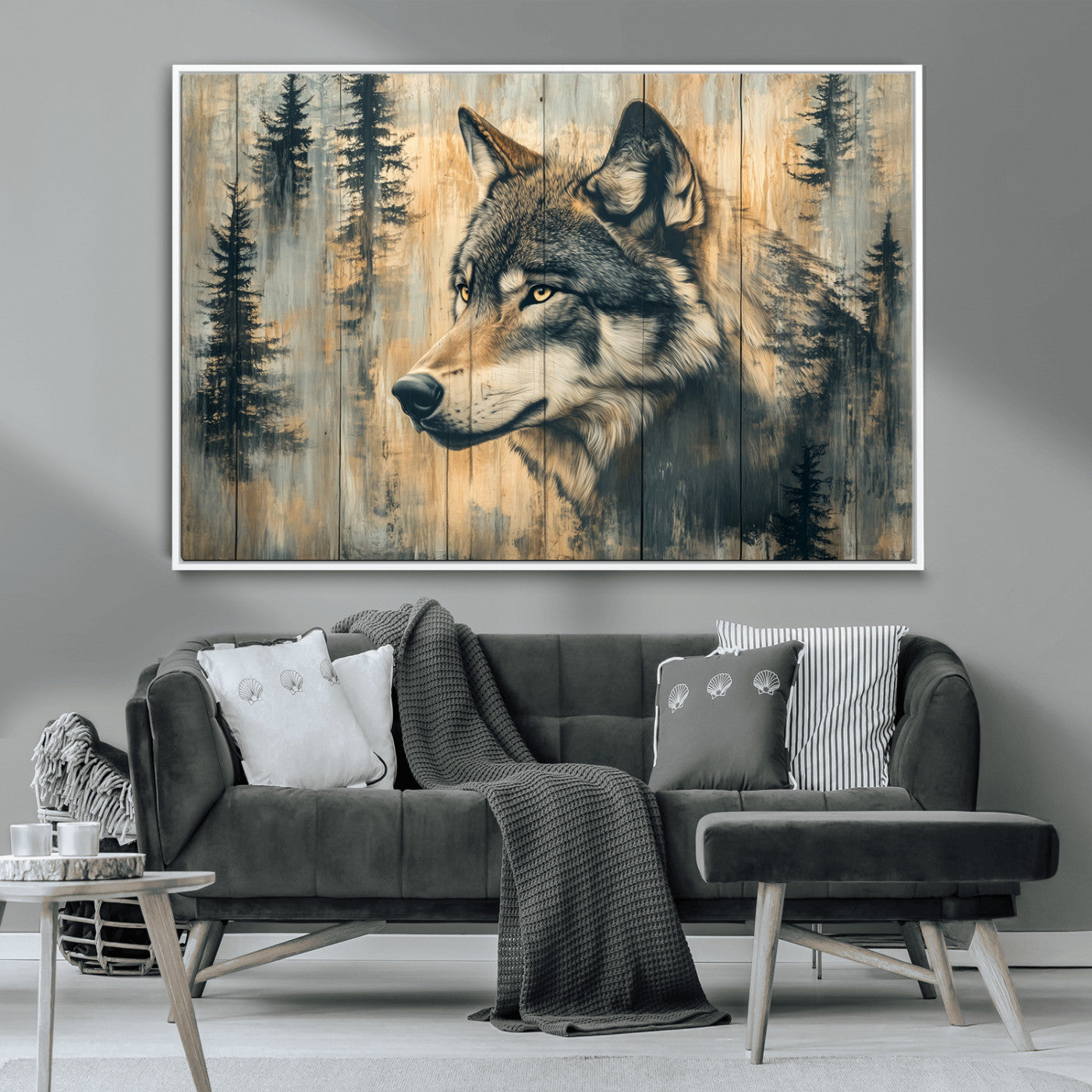 Wood Style Rustic Wolf Wall Art Canvas Print, Vintage