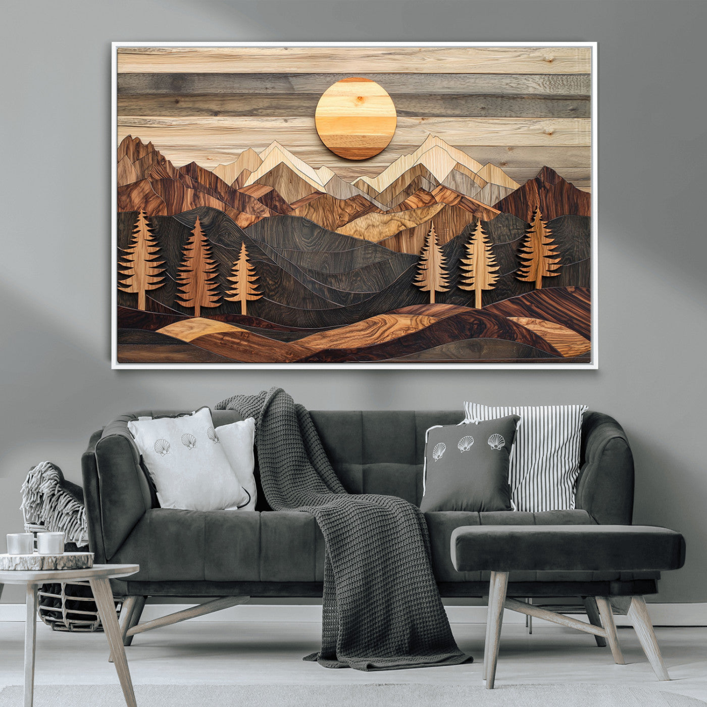 Wooden Mountain Layers Art – Rustic Pine Tree Landscape