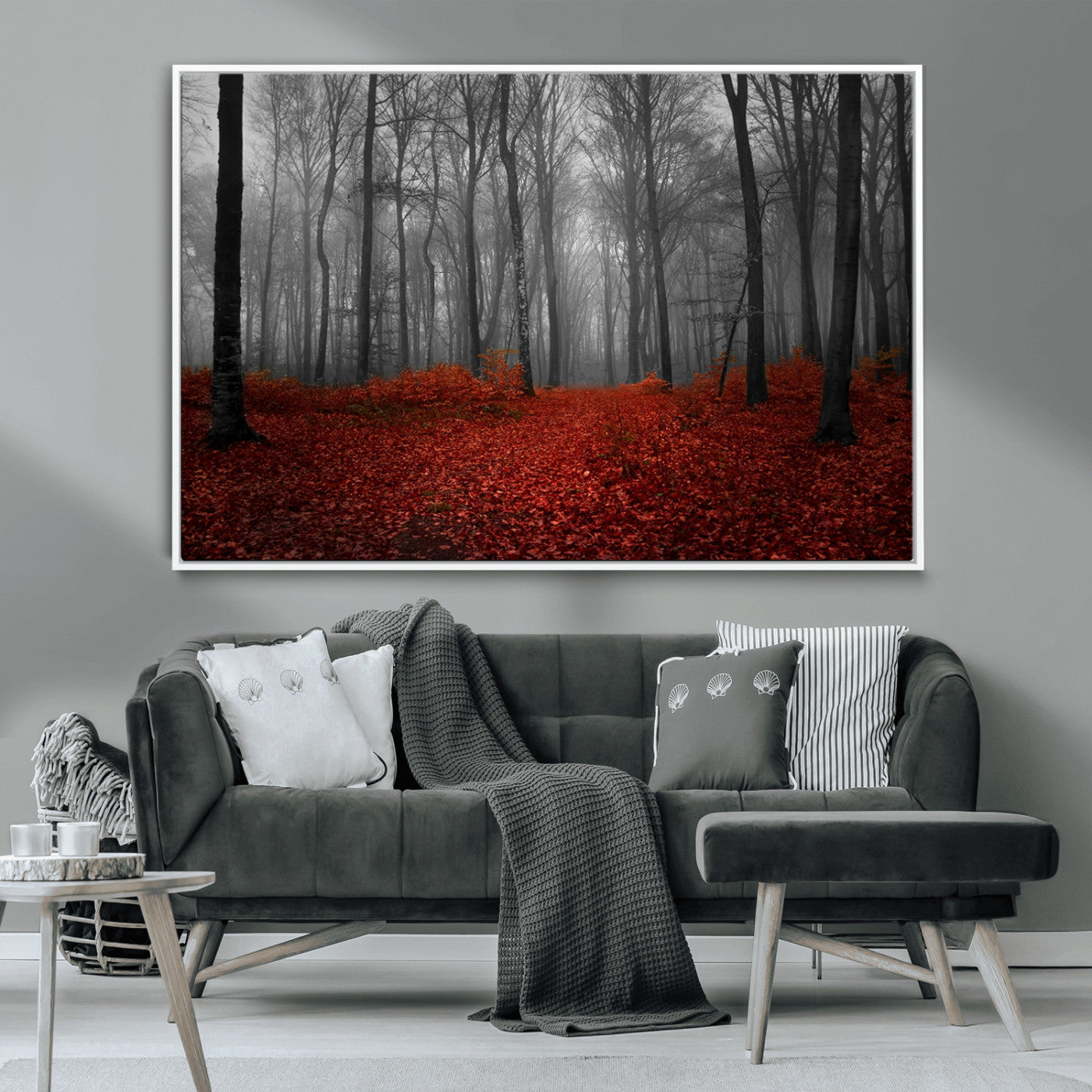 Red Forest Floor Canvas Wall Art – Mystical Foggy Woodland