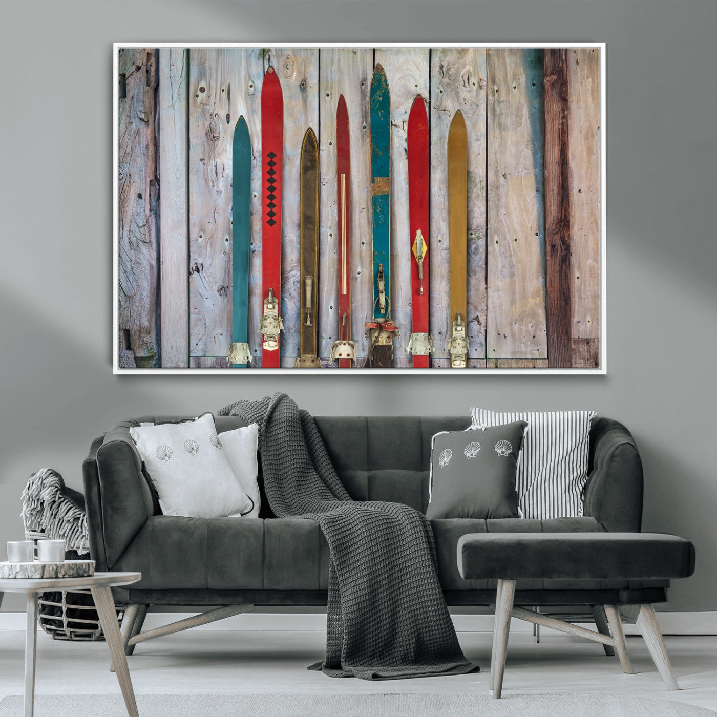Vintage Wooden Weathered Ski's in Front of an Old Barn Wall