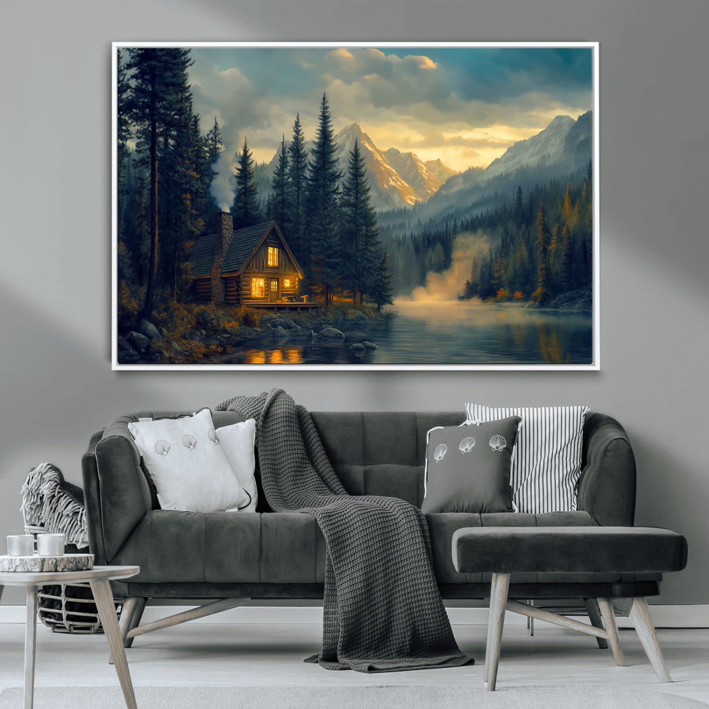 Mountain Cabin by the Lake at Sunset Wall Art - Serene