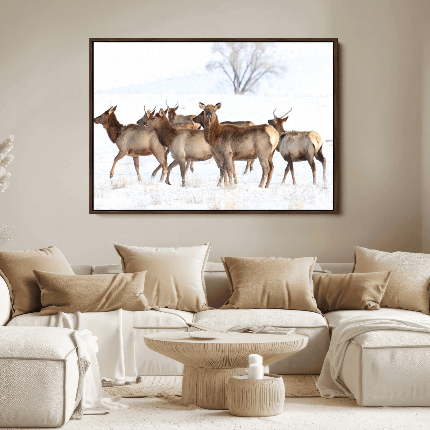 Snowy Elk Herd Wall Art Canvas Print – Majestic Winter