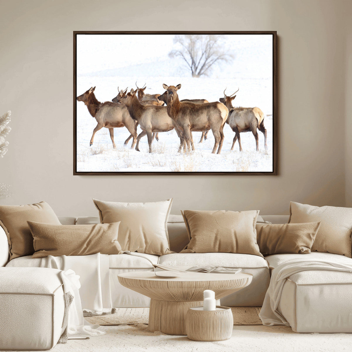 Snowy Elk Herd Wall Art Canvas Print – Majestic Winter