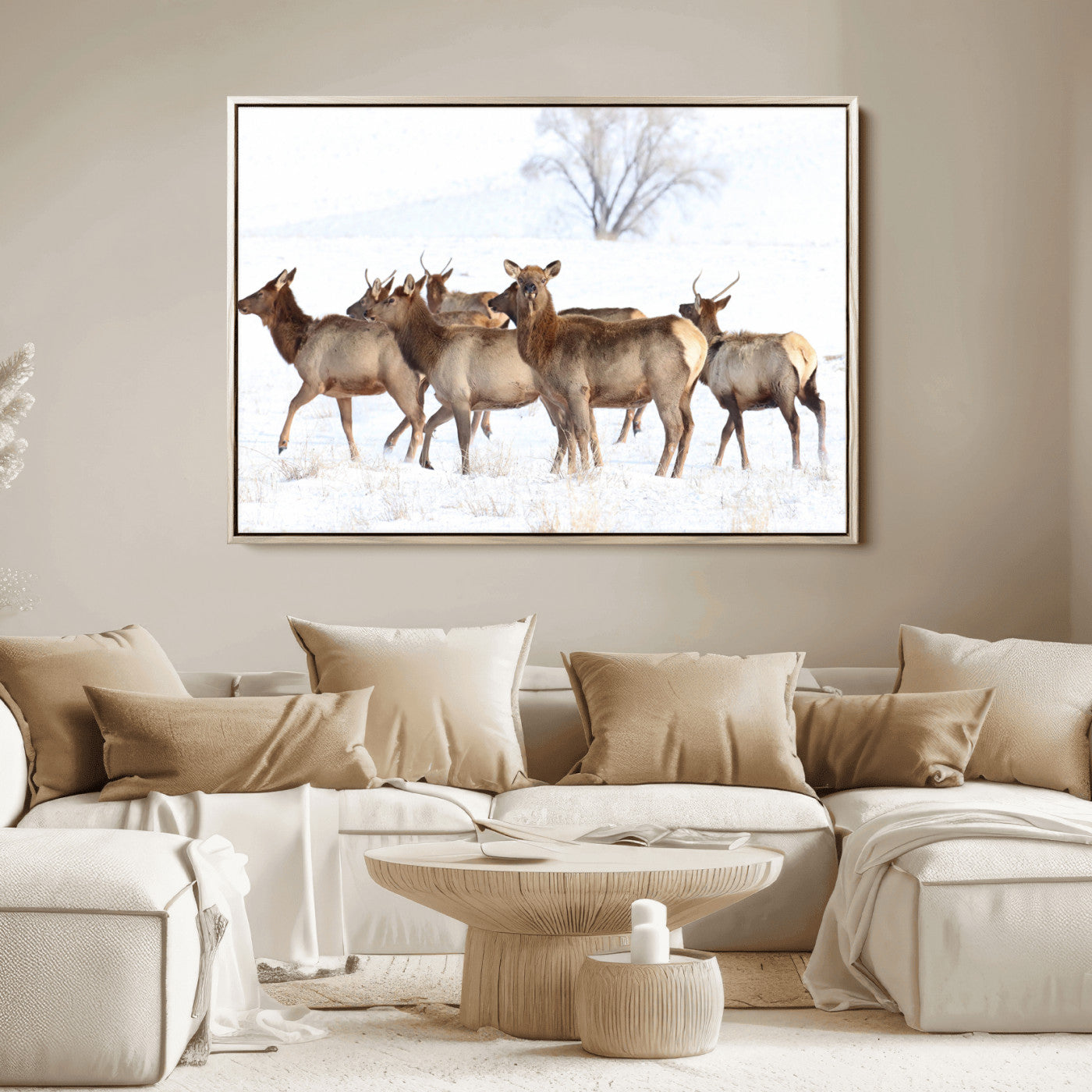 Snowy Elk Herd Wall Art Canvas Print – Majestic Winter