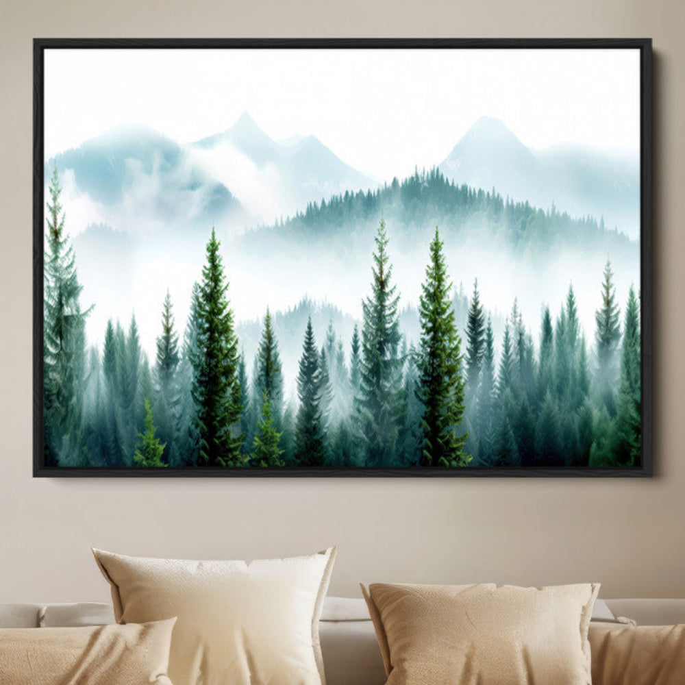 Pine Forest Wall Art Canvas Print – Misty Mountains Foggy