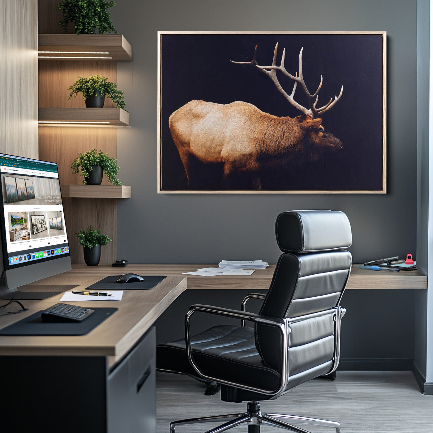 Bull Elk Decor Wall Art Canvas Print – Framed Elk