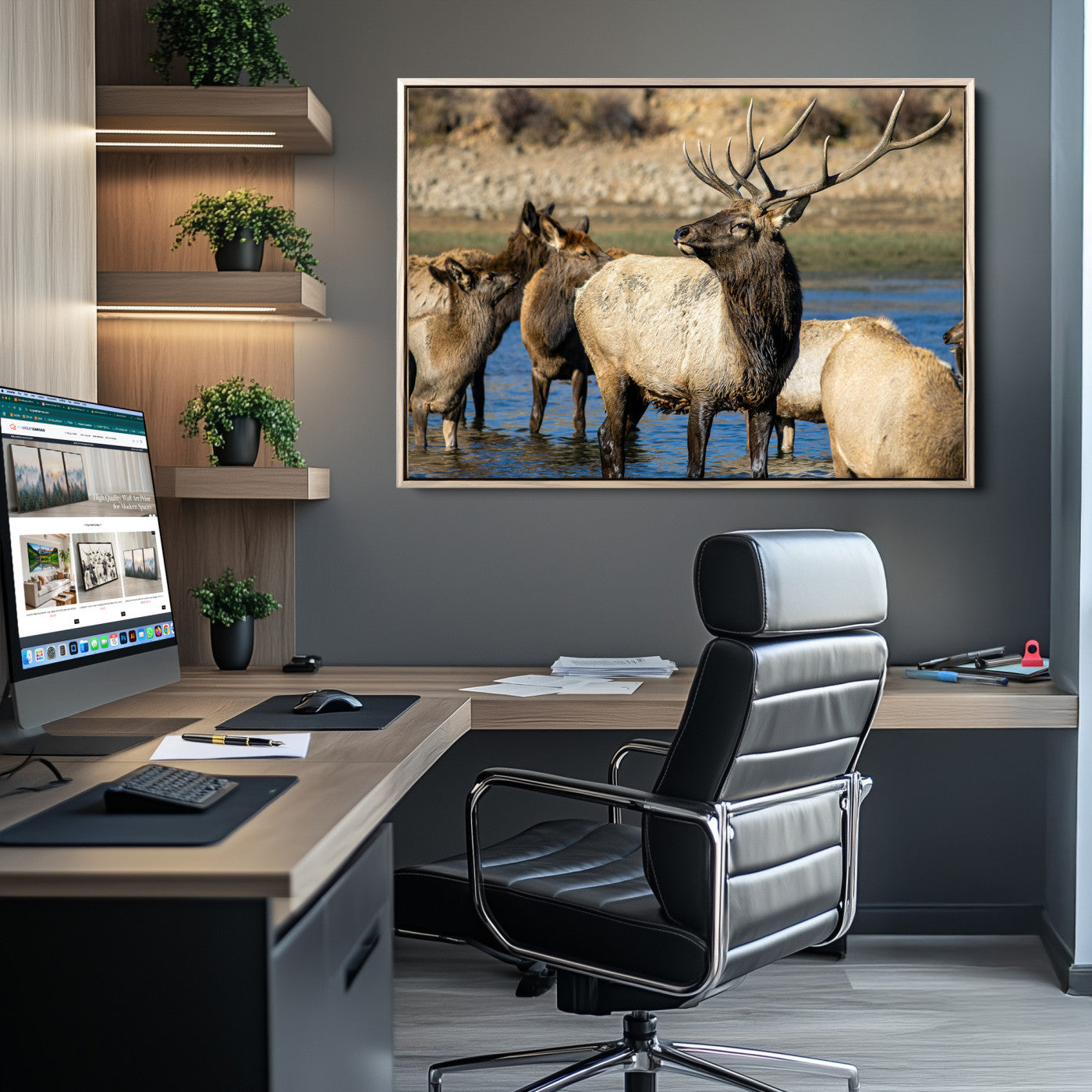Wild Elk Wall Art Canvas Print – Framed Neutral Wildlife