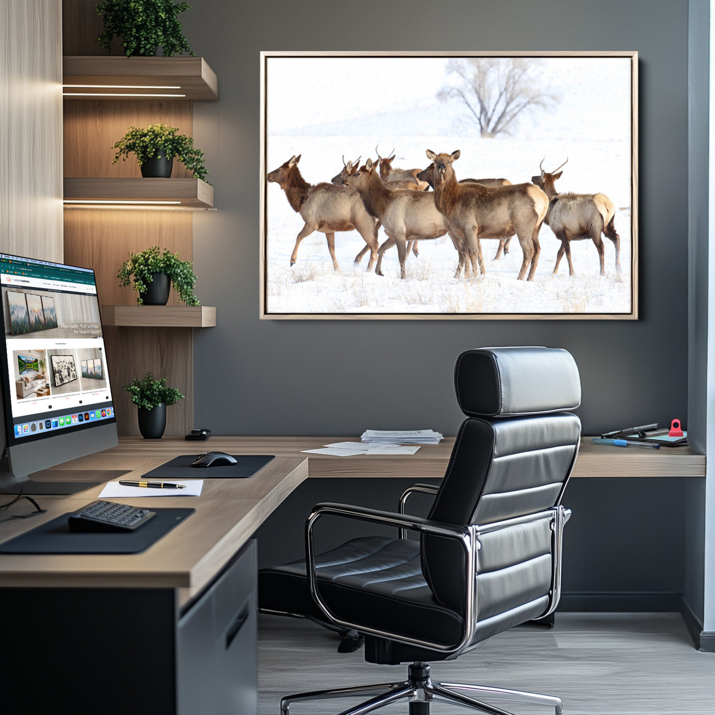 Snowy Elk Herd Wall Art Canvas Print – Majestic Winter