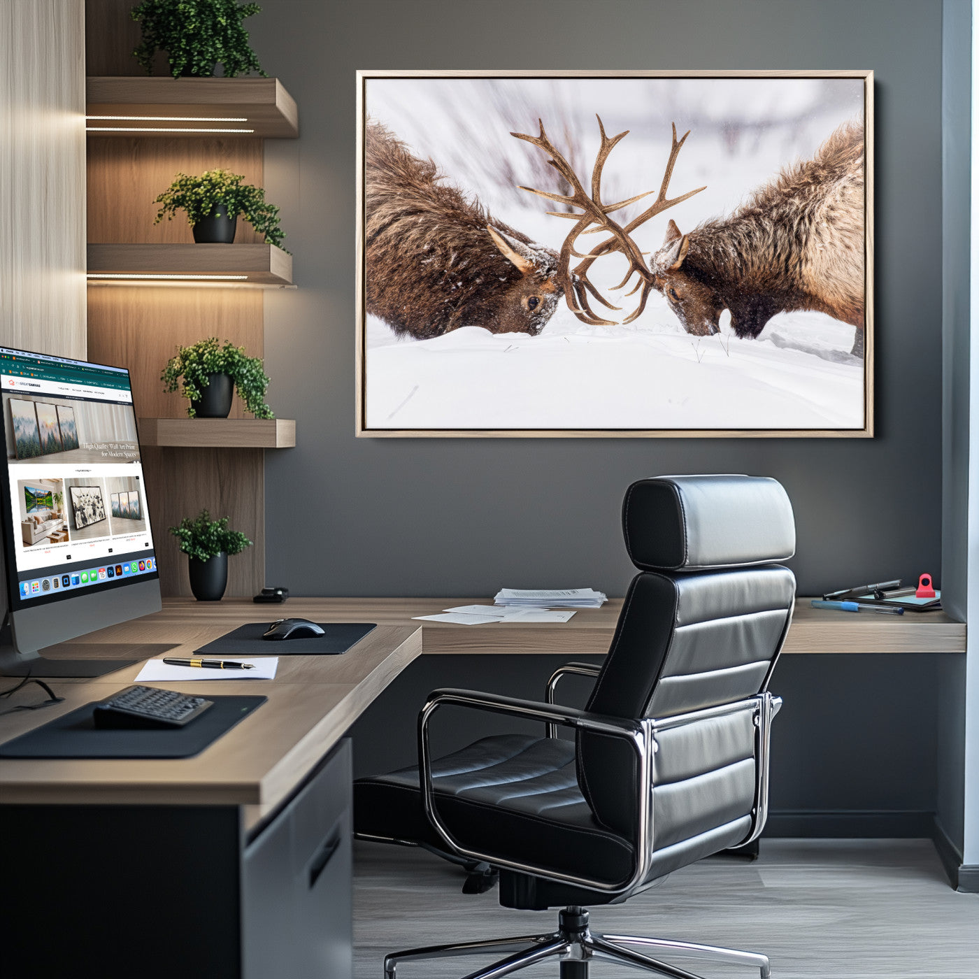 Dramatic Elk Antler Battle Wall Art Canvas Print – elk