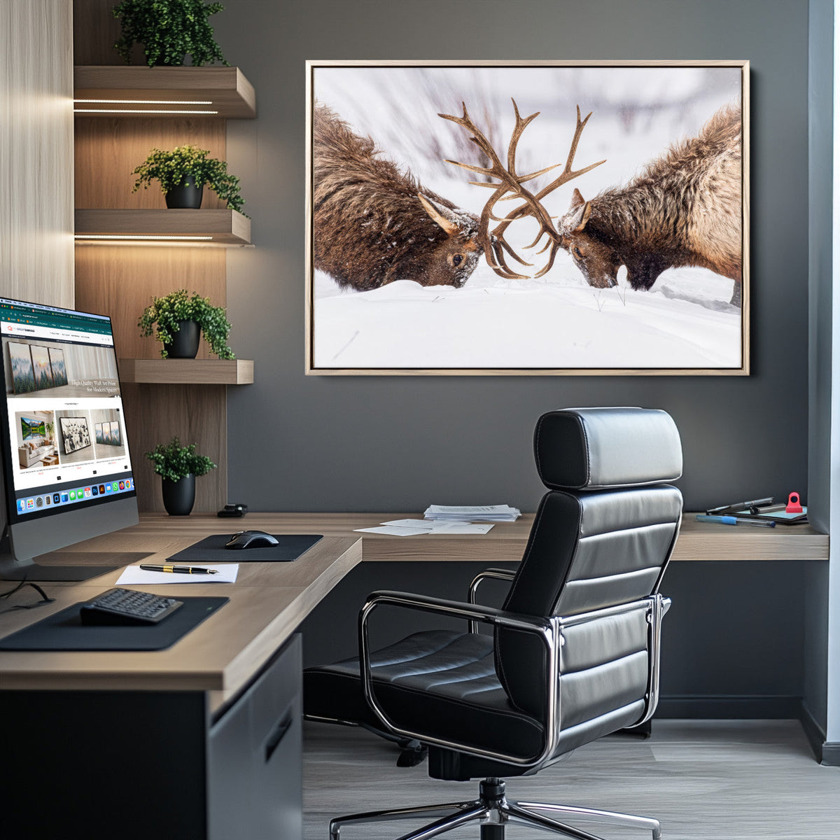 Dramatic Elk Antler Battle Wall Art Canvas Print – elk