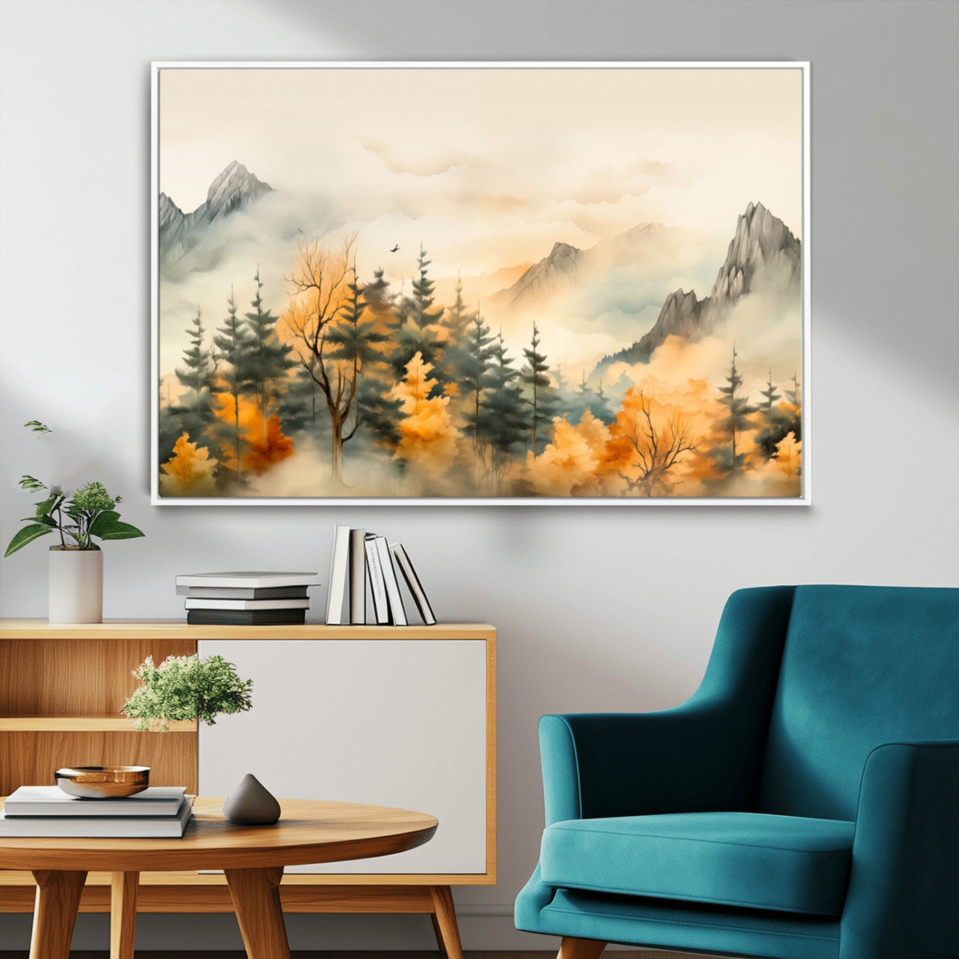 Abstract Watercolor Mountains and Trees Autumn Art,