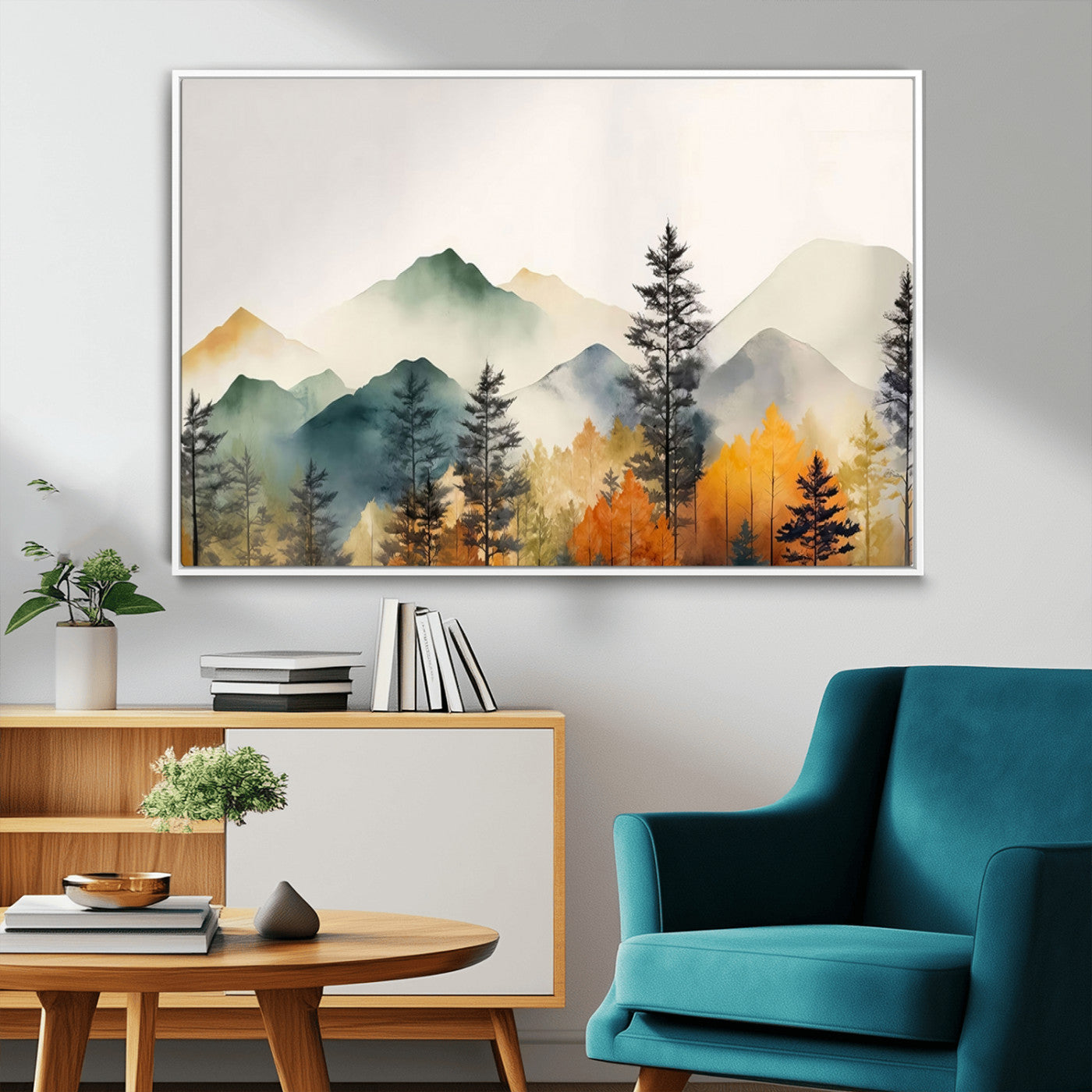 Abstract Watercolor Mountains and Trees Autumn Wall Art,
