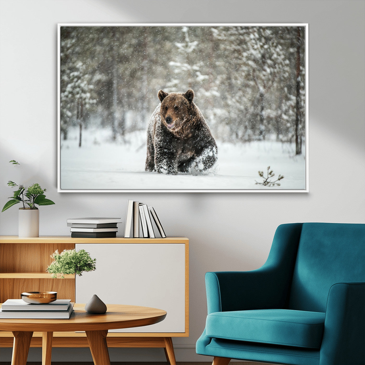 Grizzly Bear Wall Art – Framed Snowy Forest Canvas Artwork,