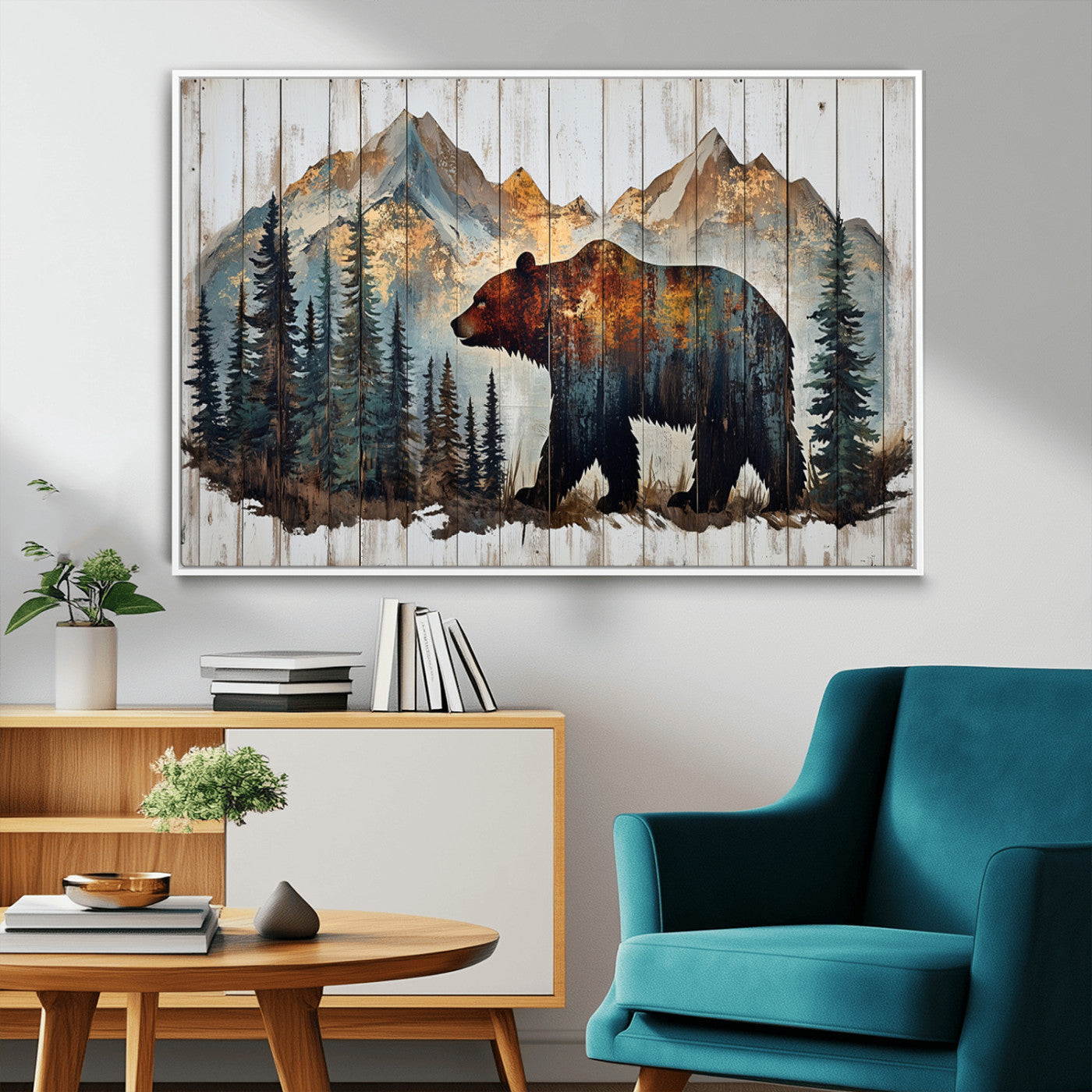 Rustic Grizzly 399 Bear and Mountain Wood Canvas Wall Art -
