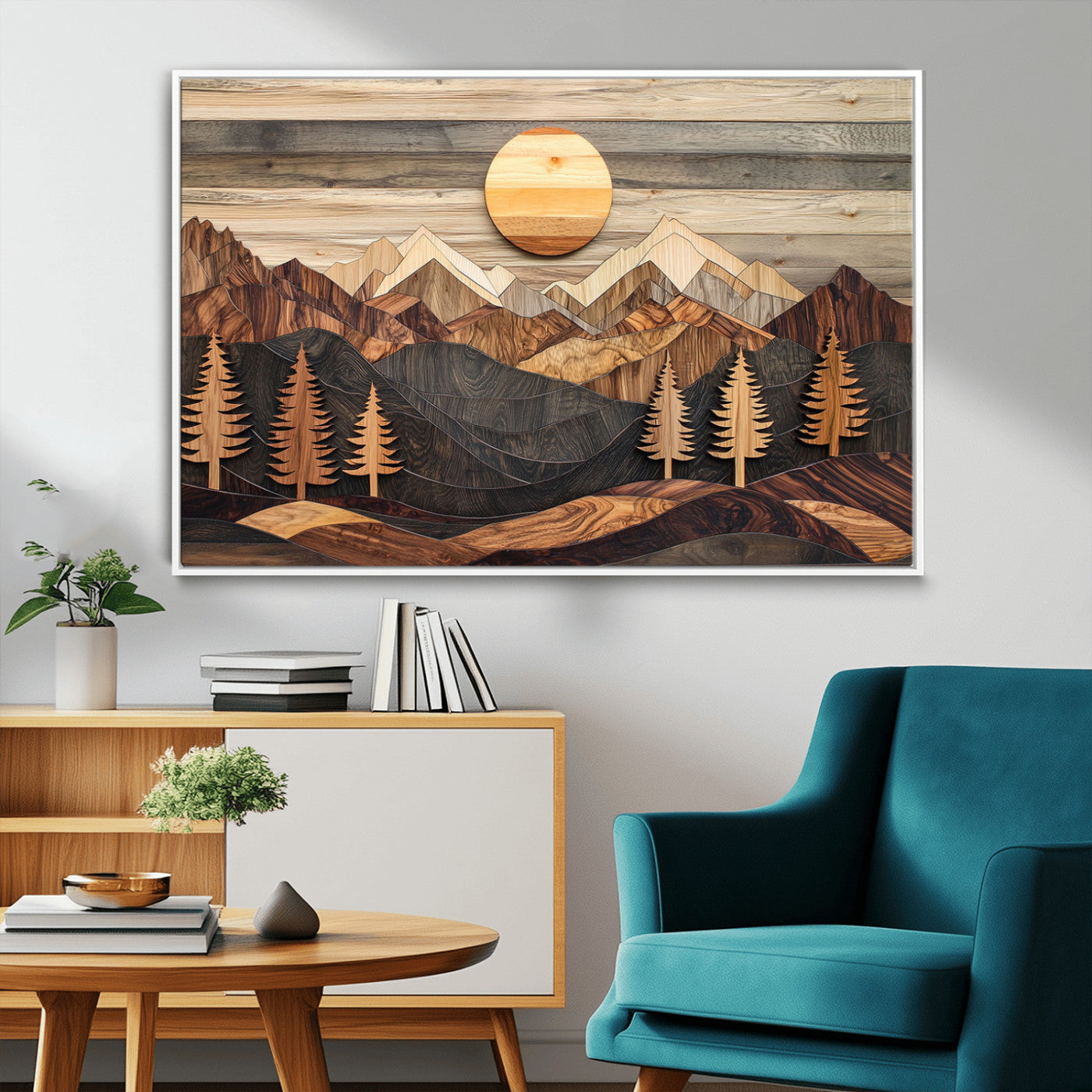 Wooden Mountain Layers Art – Rustic Pine Tree Landscape