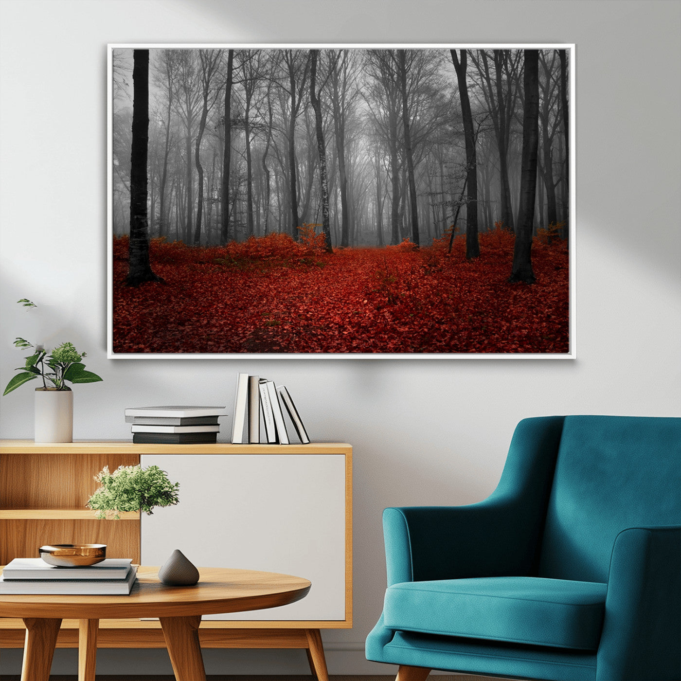Red Forest Floor Canvas Wall Art – Mystical Foggy Woodland