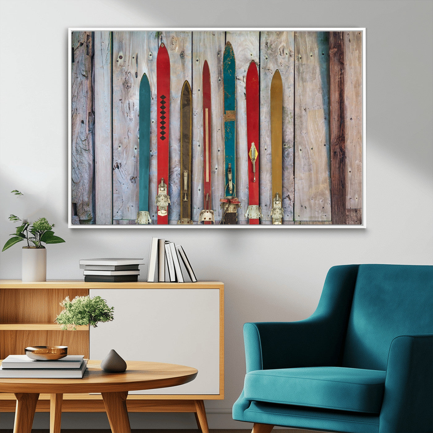 Vintage Wooden Weathered Ski's in Front of an Old Barn Wall