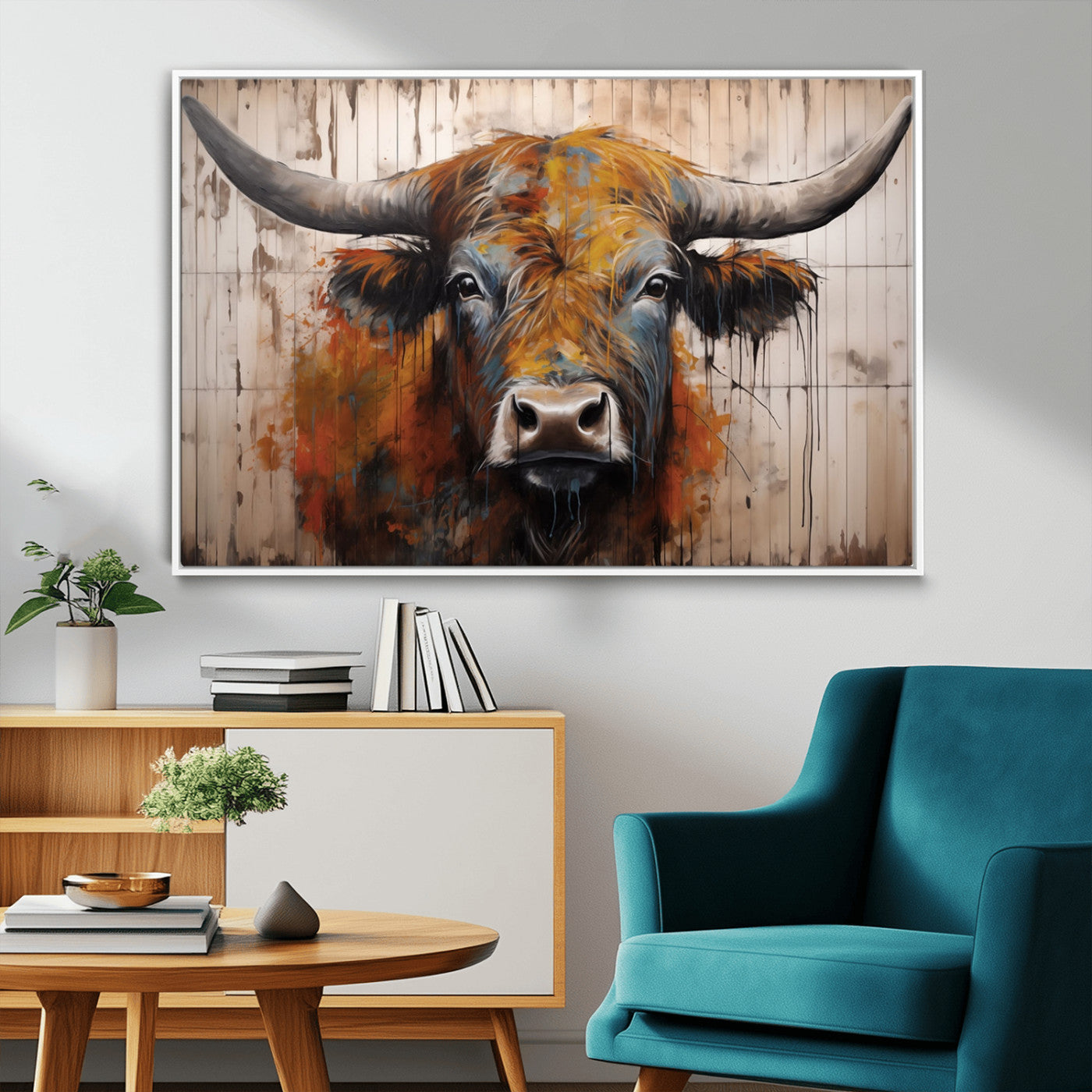 Scottish Highland Cow Cattle Art Print on Wood Style