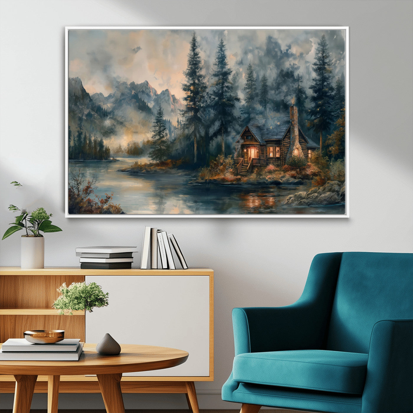 Rustic Cabin Woods Wall Art Print | Lake in a Forest Canvas