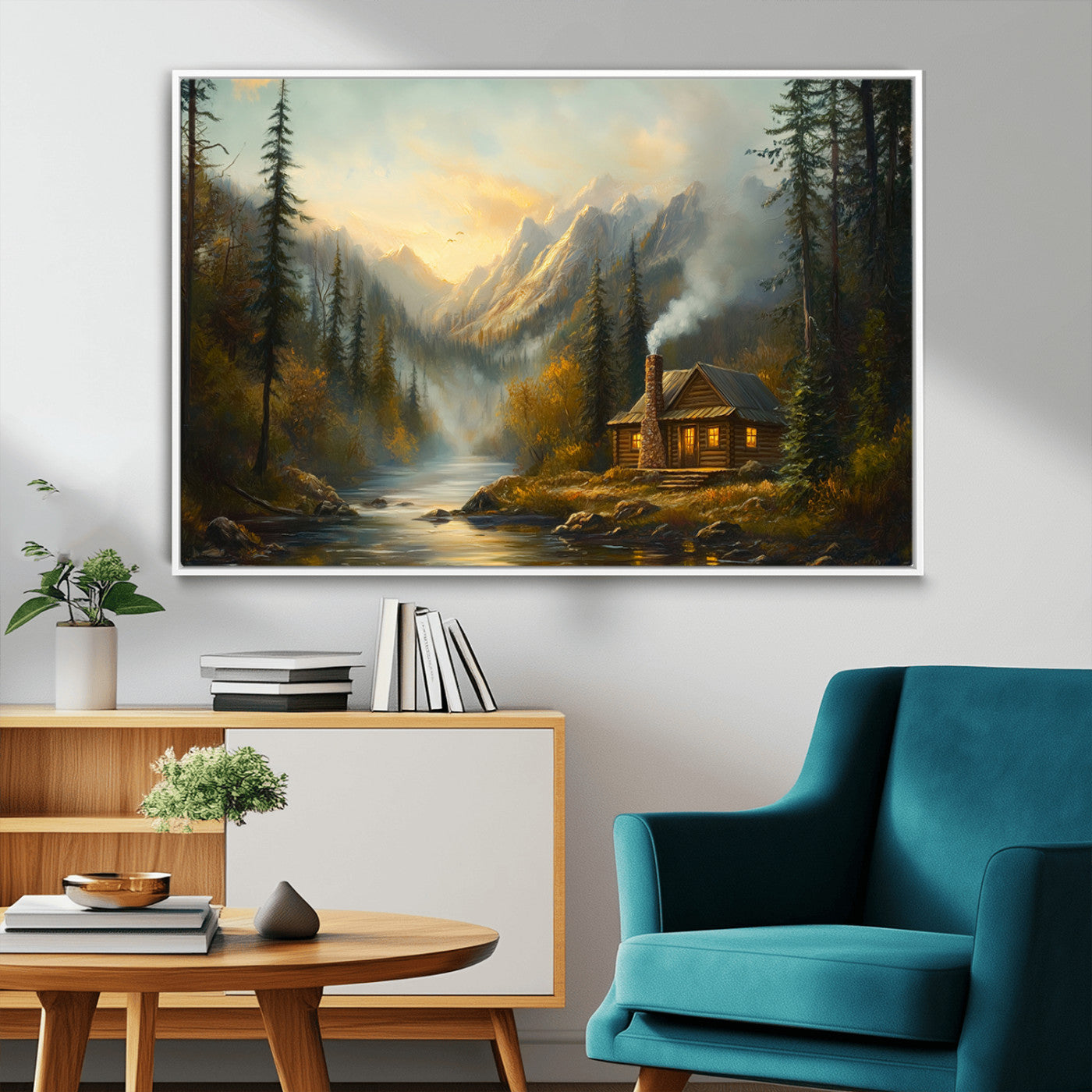 Wood Cabin Retreat Mountain at Sunset Wall Art Print -