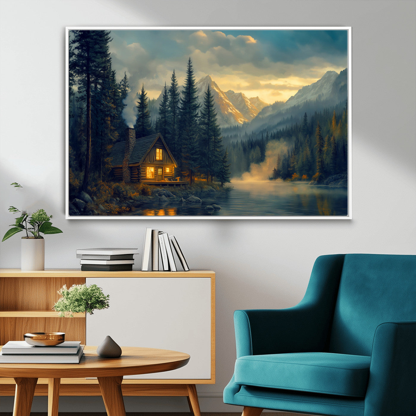 Mountain Cabin by the Lake at Sunset Wall Art - Serene