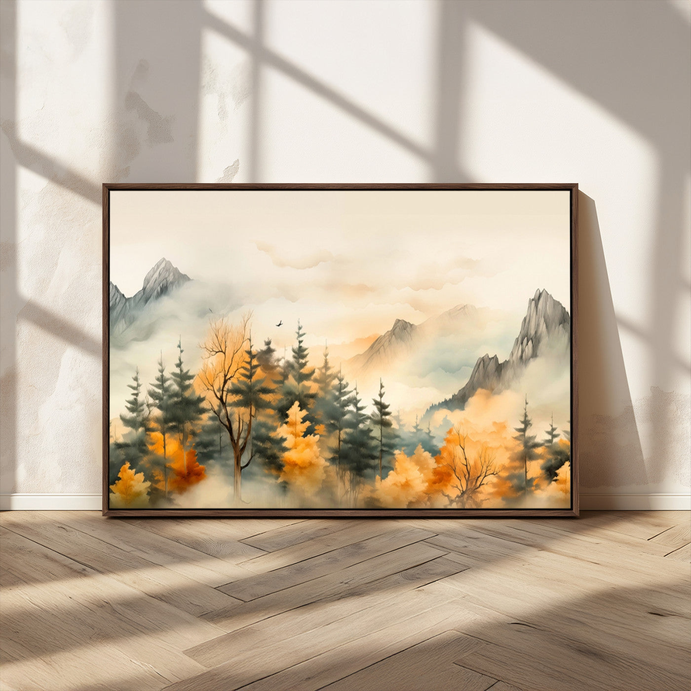 Abstract Watercolor Mountains and Trees Autumn Art,